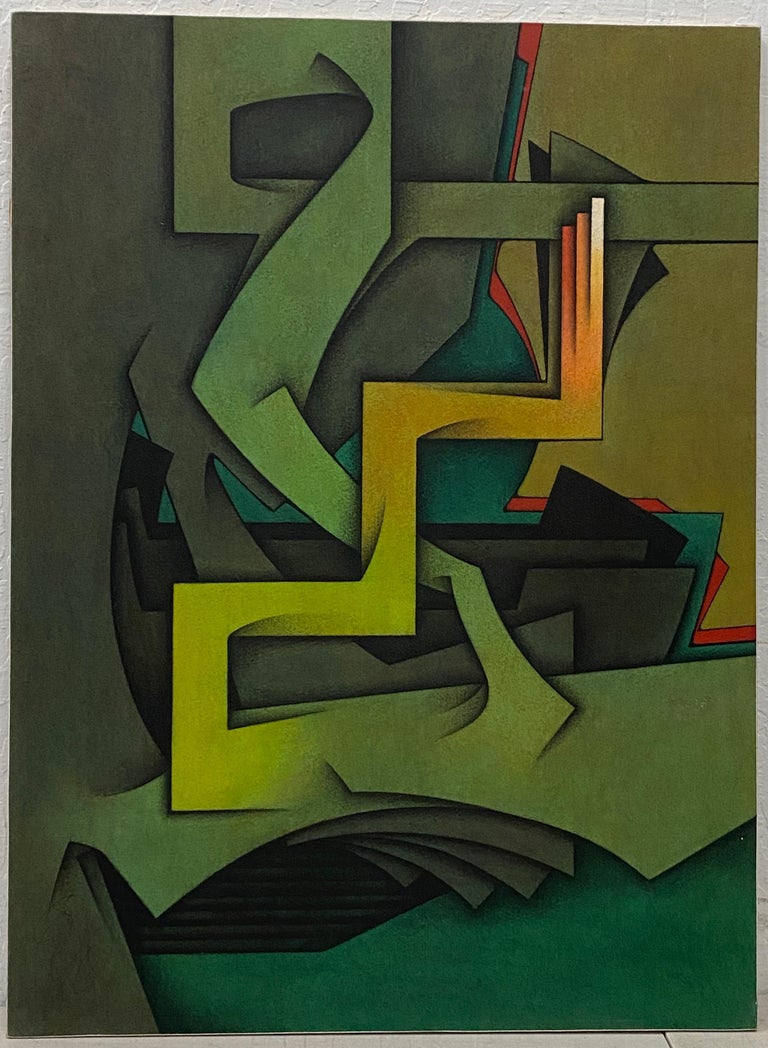 Vintage "Le Geste Immobile" Abstract Oil Painting c.1981

Remarkable hard edge abstract painting in greens

Original oil on paper over board

Dimensions 21.25" wide x 28.75" high

The painting is pencil signed lower right

Also signed and dated