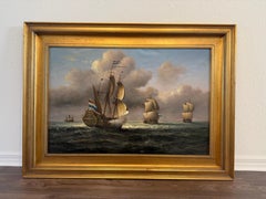 Vintage Maritime Seascape Oil Painting with Dutch Ships Nautical Naval Art