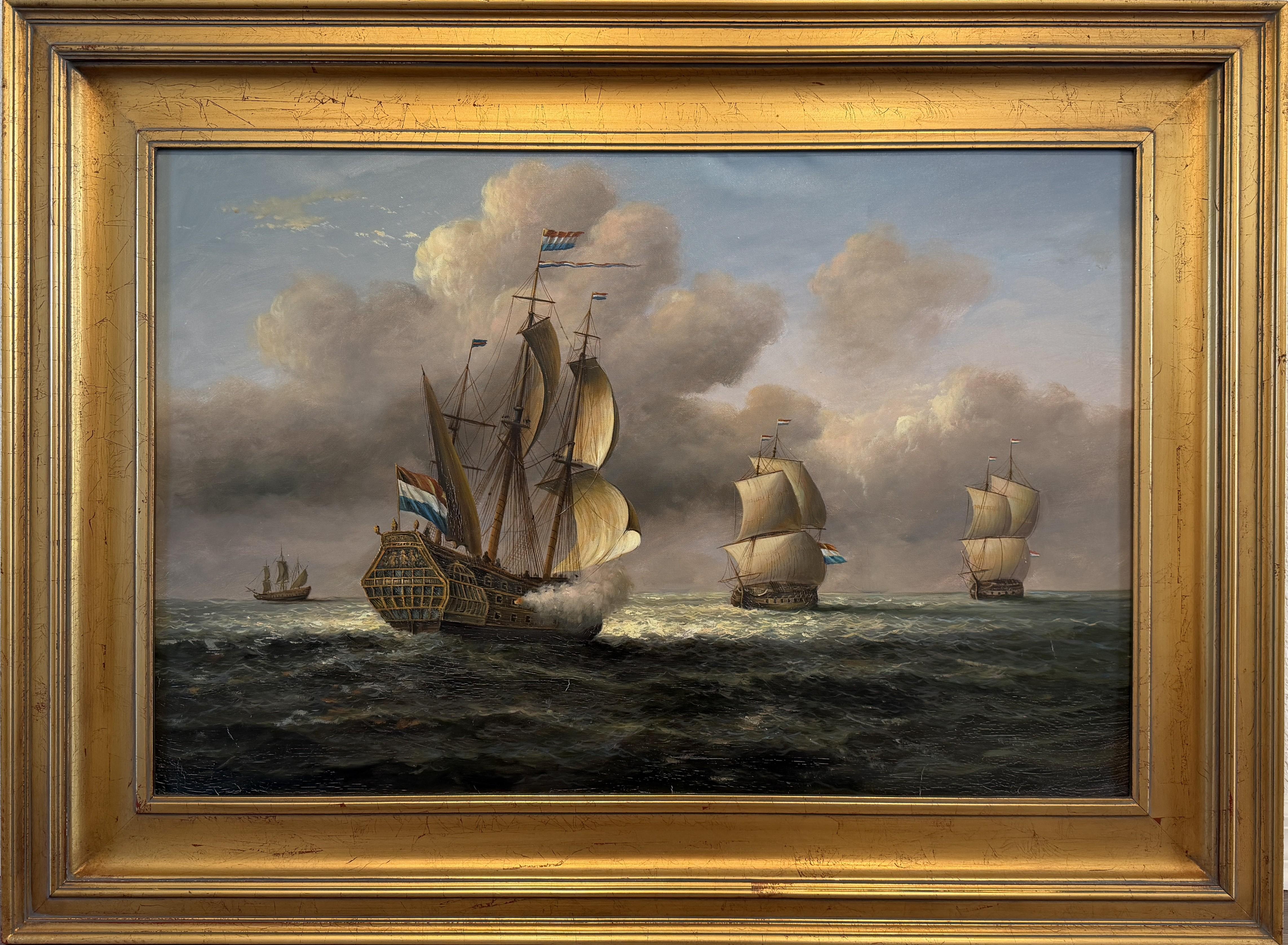 Vintage Maritime Seascape Oil Painting with Dutch Ships Nautical Naval Art
