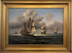 Vintage Maritime Seascape Oil Painting with Dutch Ships Nautical Naval Art