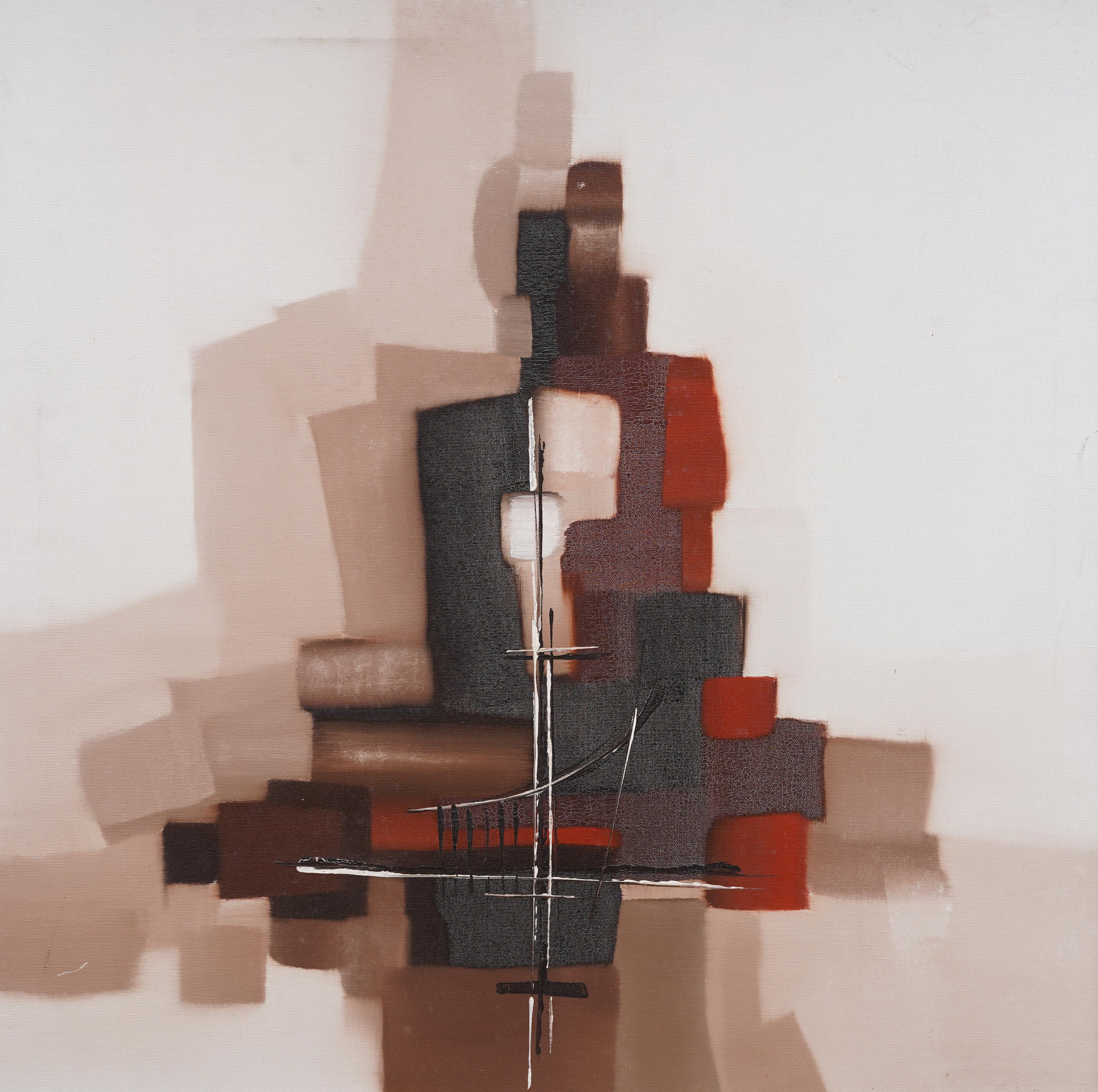 Peinture à l'huile moderne expressionniste abstraite du milieu du siècle dernier, avec cadre argenté - Abstrait Painting par Unknown