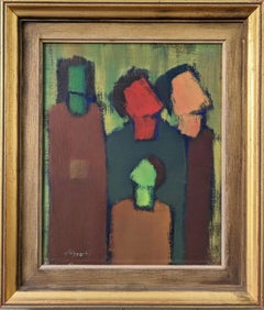 Vintage Mid-Century Abstract Figurative Framed Oil Painting - Family of Four