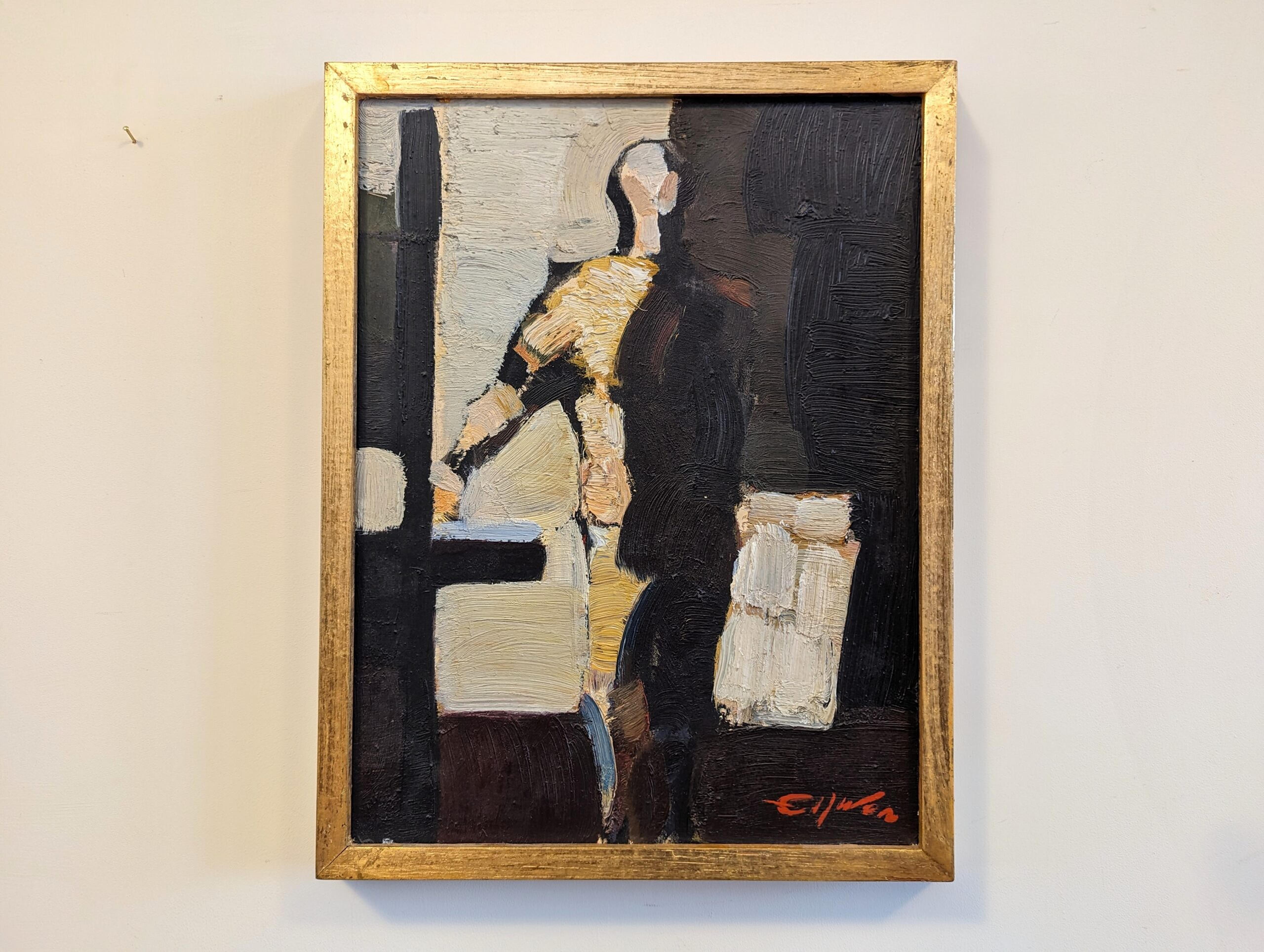 IN THE SHADOWS
Size: 39 x 30 cm (including frame)
Oil on canvas

An outstanding mid-century abstract figurative painting, executed in oil onto board.

A figure standing in an interior setting, with one hand resting on a raised platform, punctuates