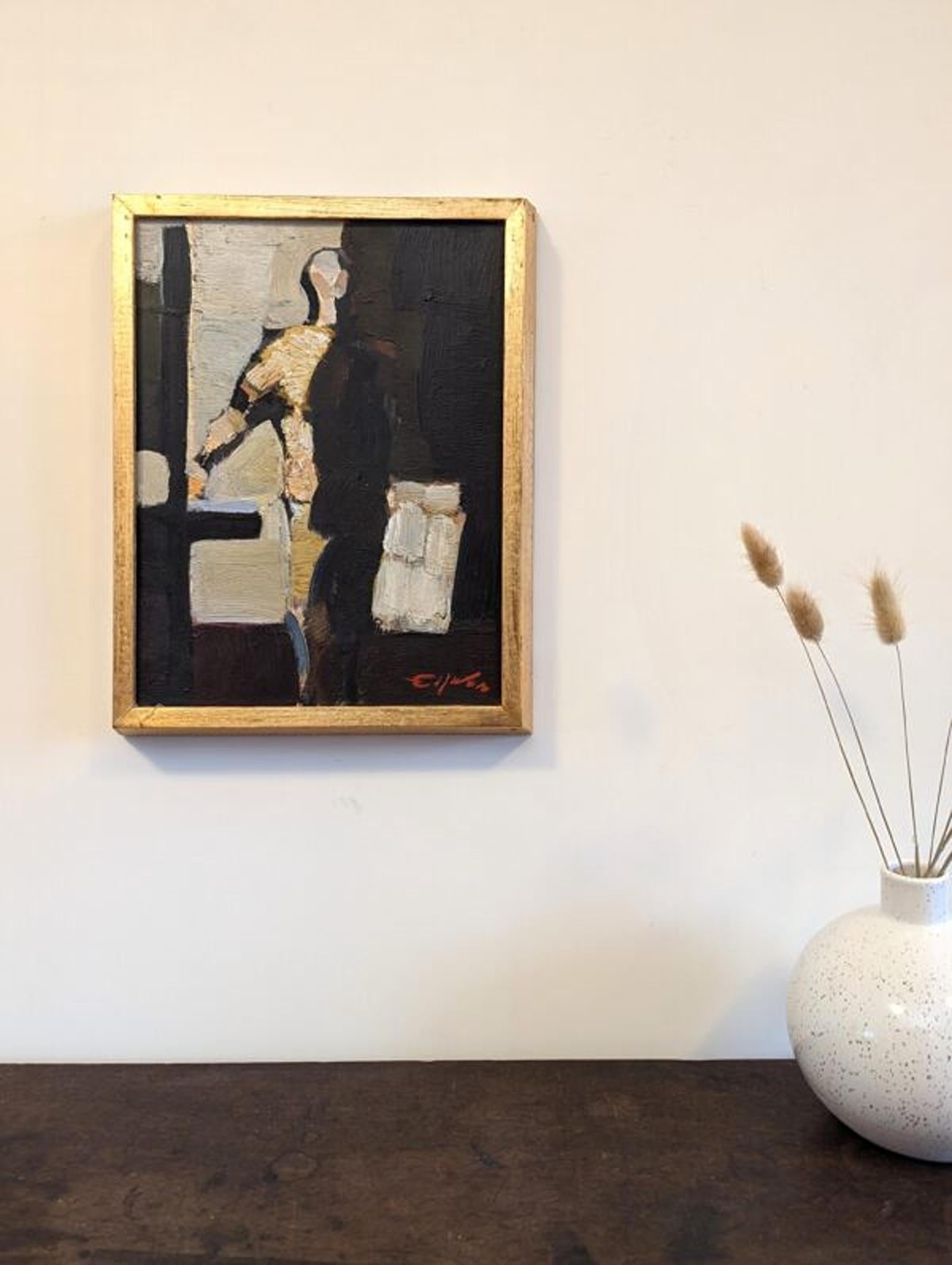 Vintage Mid-Century Abstract Figurative Framed Oil Painting - In the Shadows For Sale 1