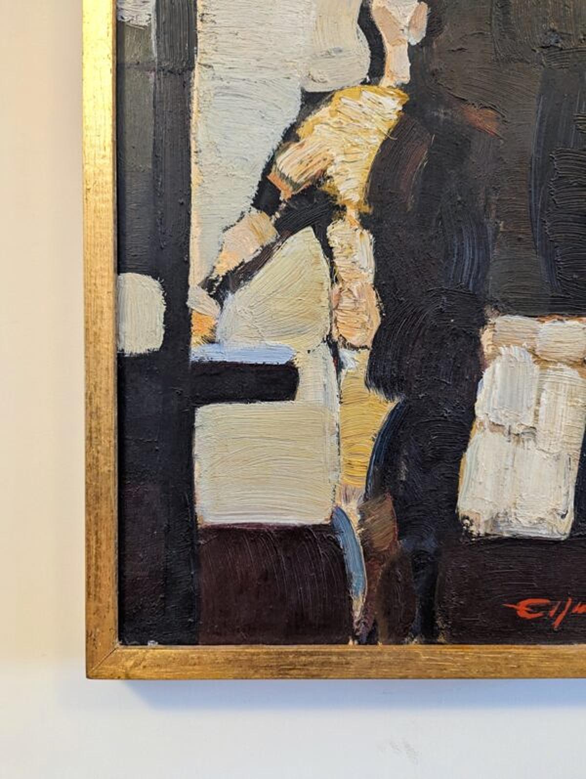Vintage Mid-Century Abstract Figurative Framed Oil Painting - In the Shadows For Sale 6