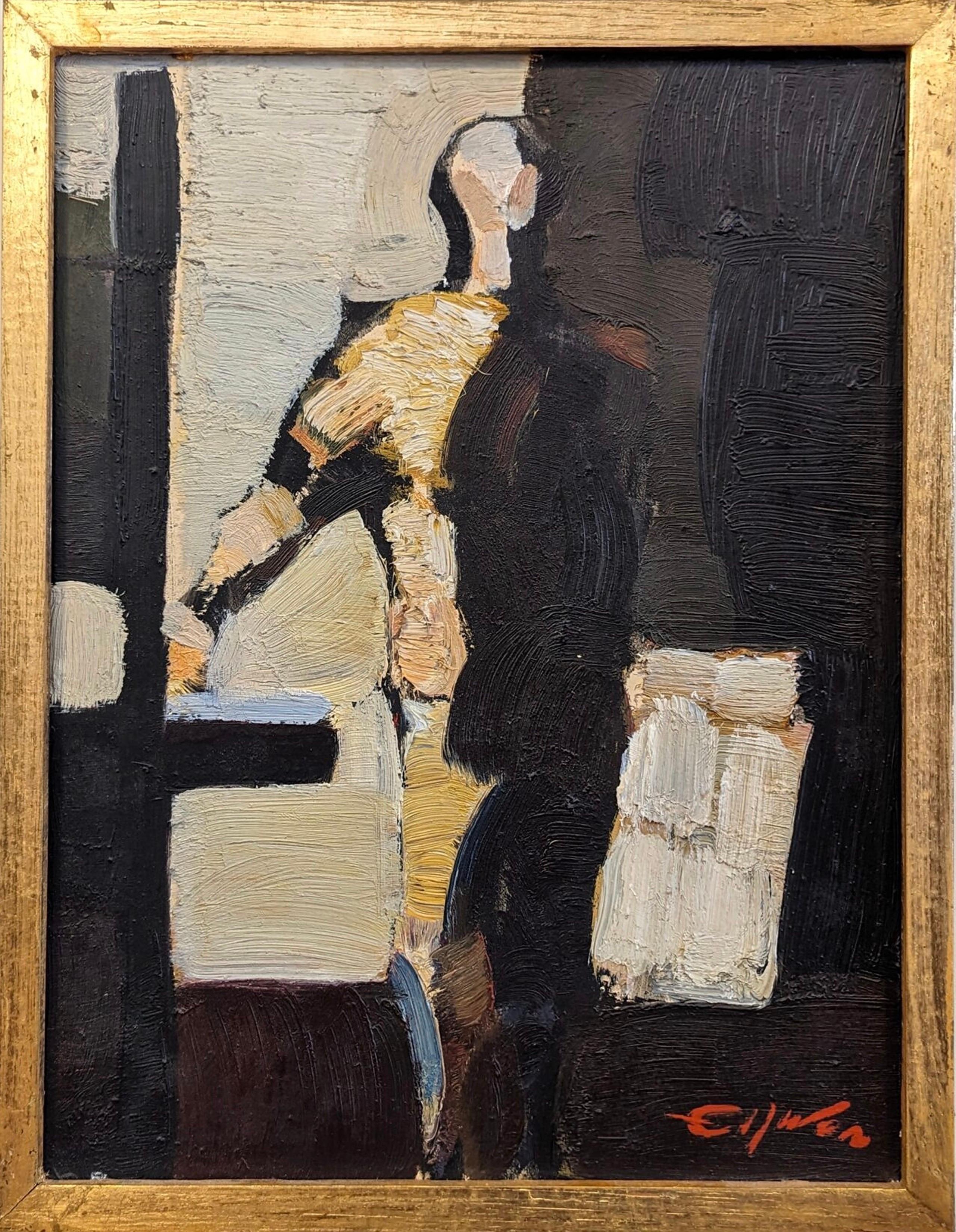 Unknown Abstract Painting - Vintage Mid-Century Abstract Figurative Framed Oil Painting - In the Shadows