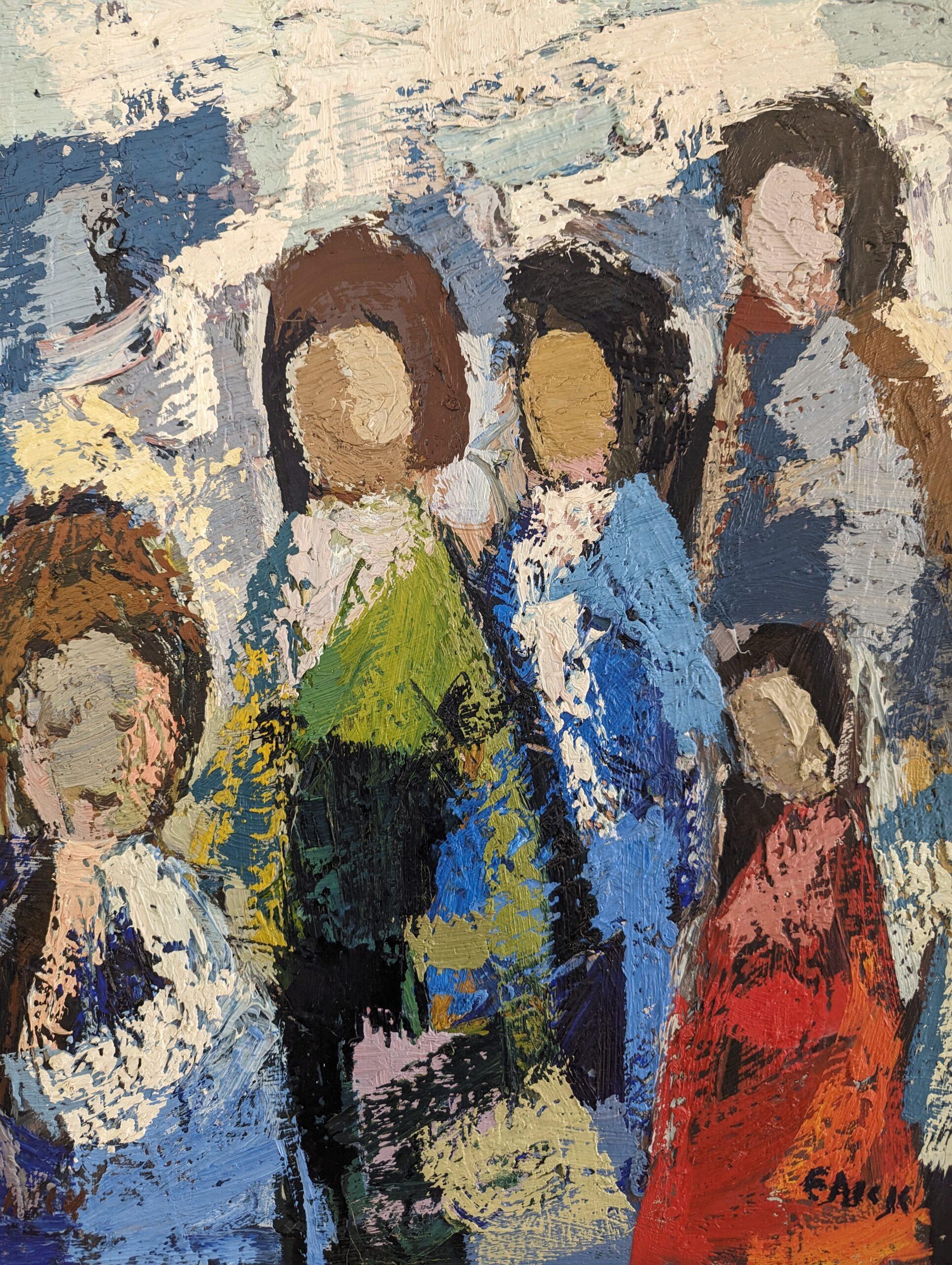 Vintage Mid-Century Abstract Figurative Oil Painting - All at Once For Sale 7