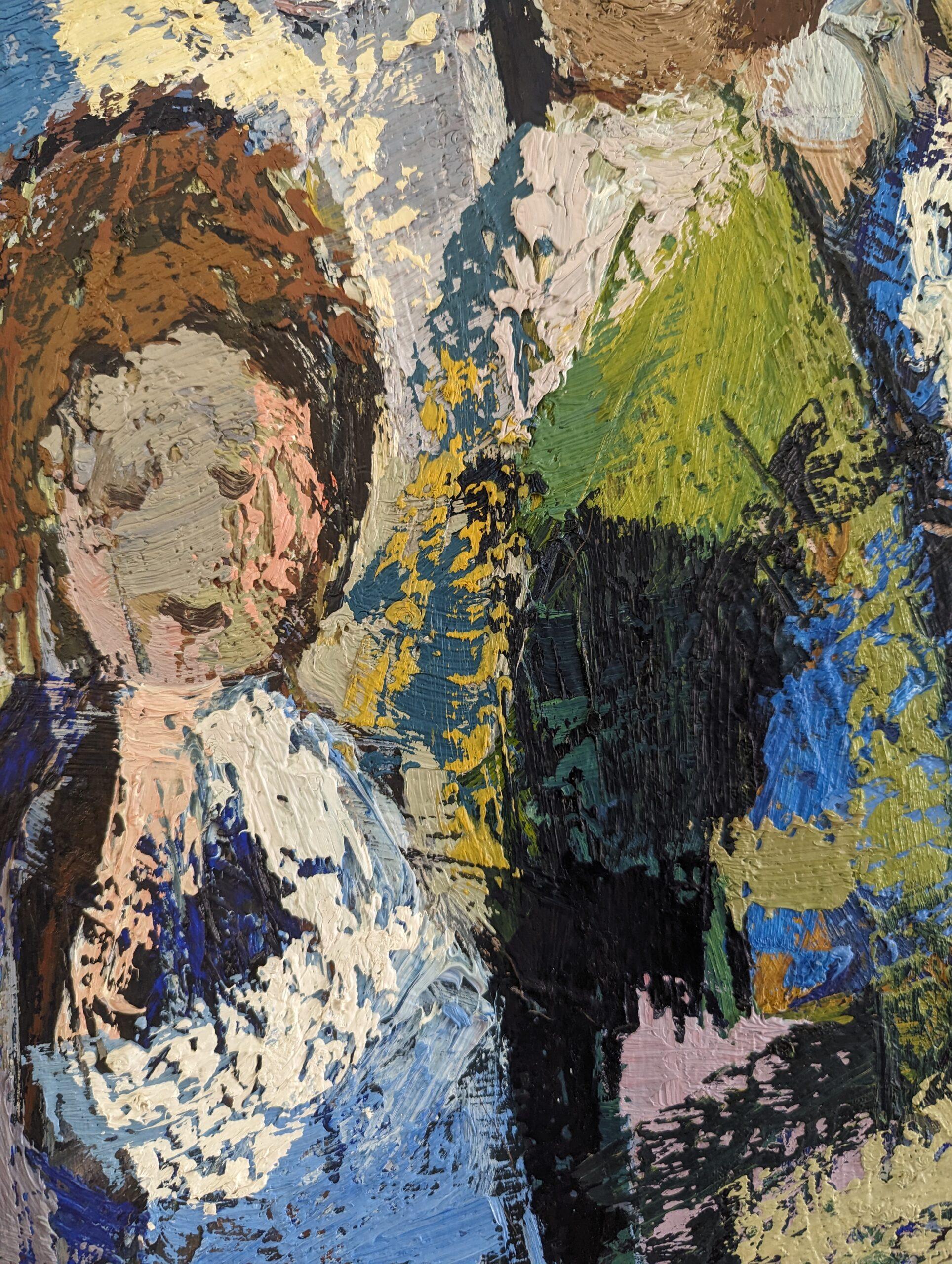 Vintage Mid-Century Abstract Figurative Oil Painting - All at Once For Sale 11