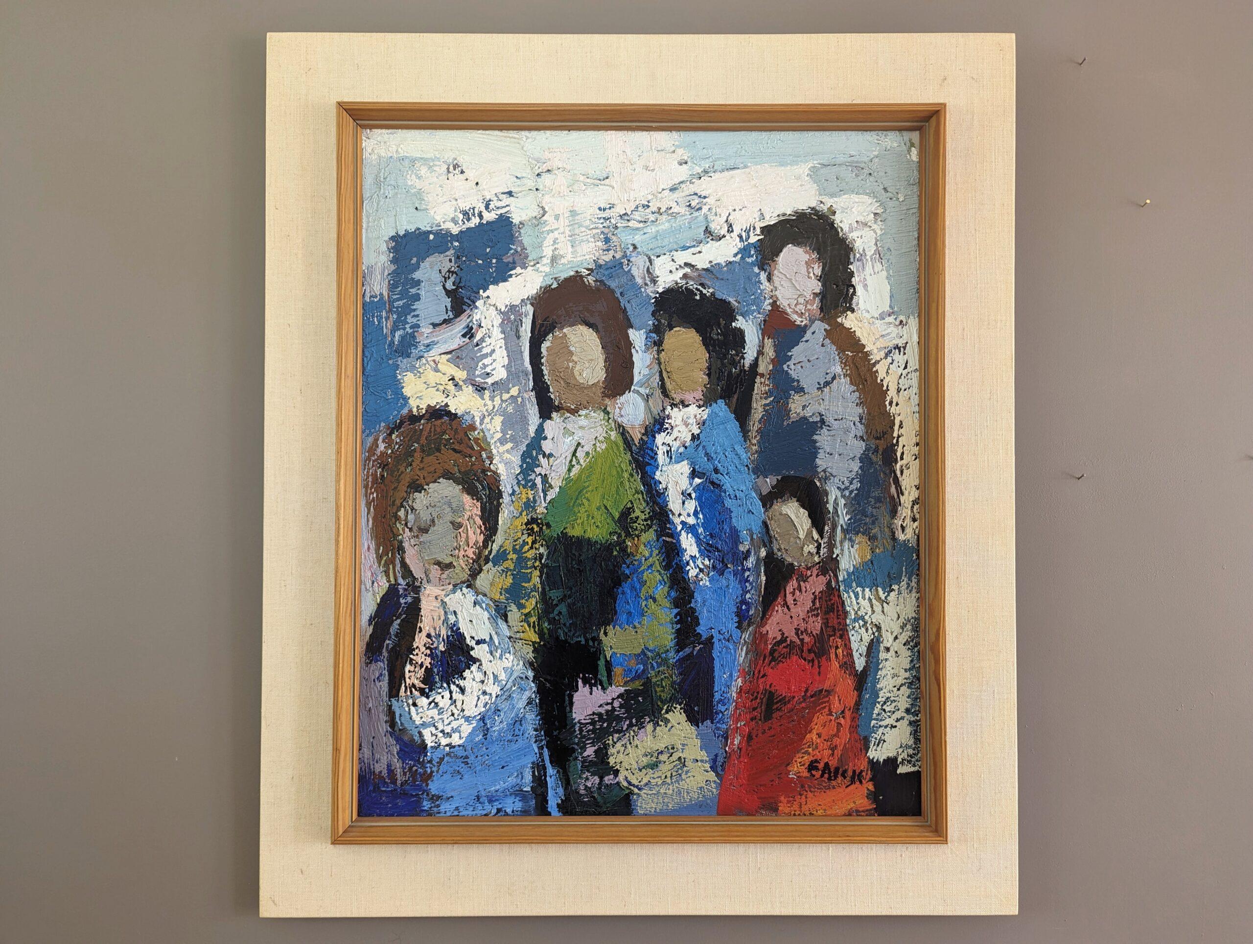 Vintage Mid-Century Abstract Figurative Oil Painting - All at Once - Beige Figurative Painting by Unknown