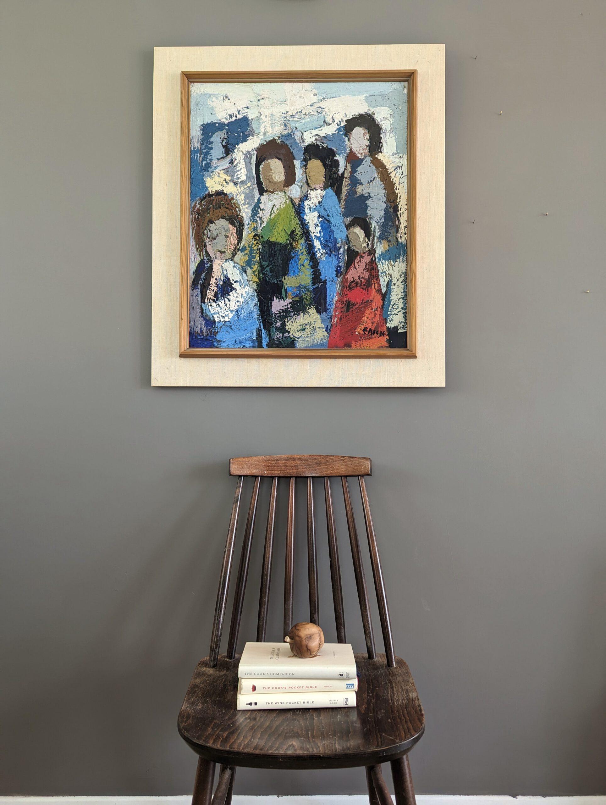 ALL AT ONCE 
Size: 77 x 66 cm (including frame)
Oil on Canvas

A beautifully textured and confidently executed mid-century modernist figurative composition in oil, painted onto canvas.

Executed in a semi-abstract manner, five figures of differing