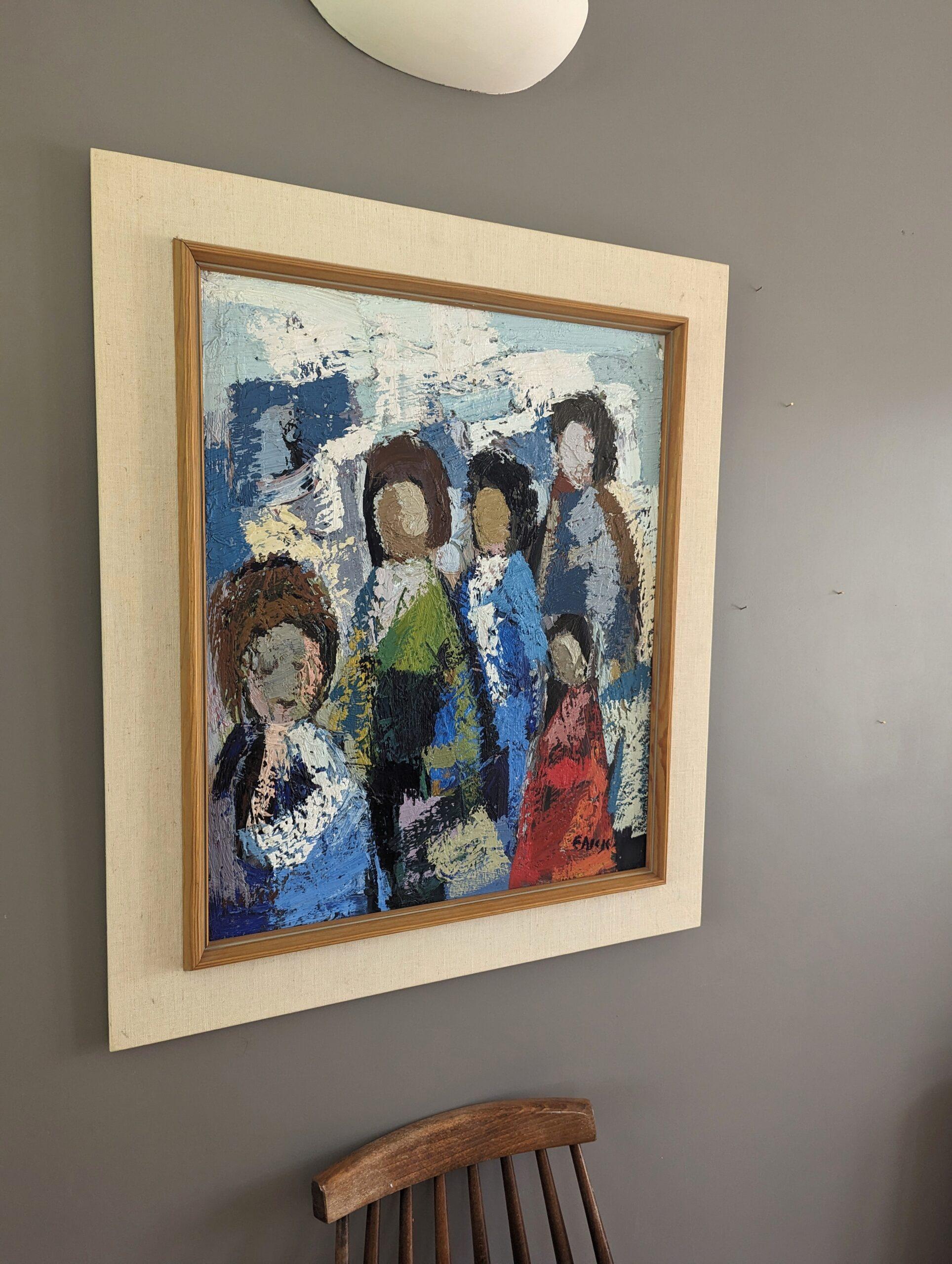 Vintage Mid-Century Abstract Figurative Oil Painting - All at Once For Sale 1