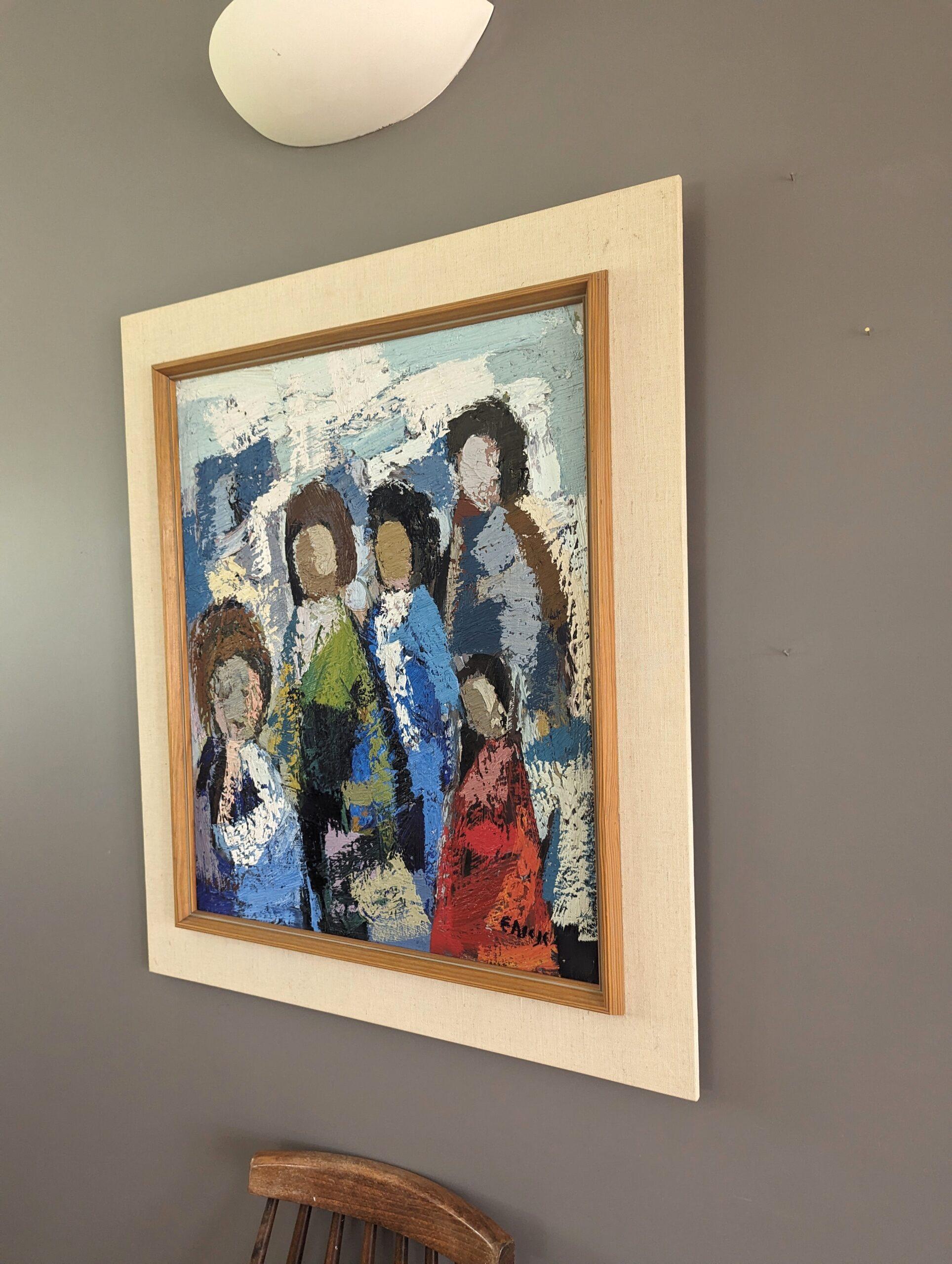 Vintage Mid-Century Abstract Figurative Oil Painting - All at Once For Sale 2
