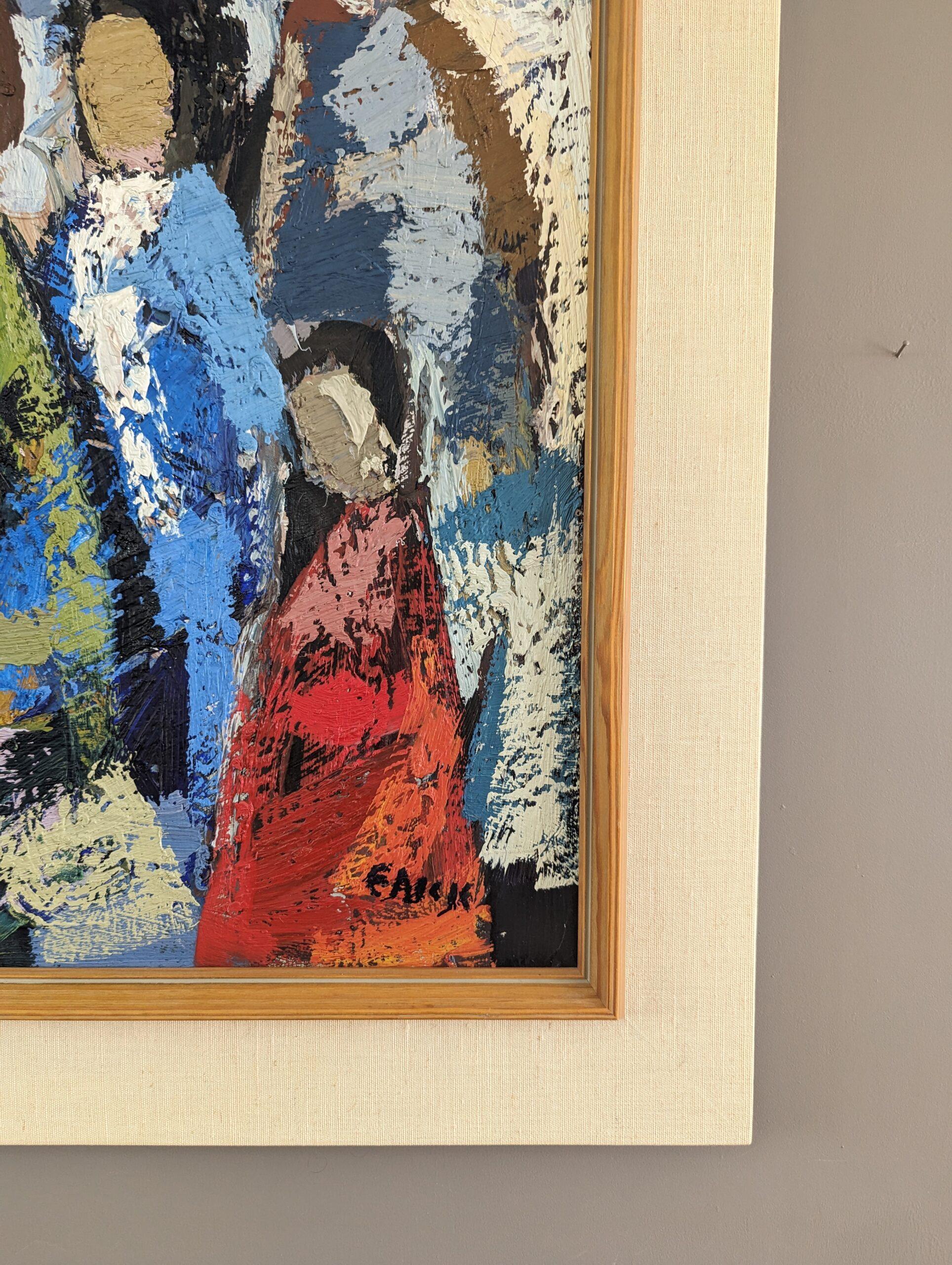 Vintage Mid-Century Abstract Figurative Oil Painting - All at Once For Sale 5