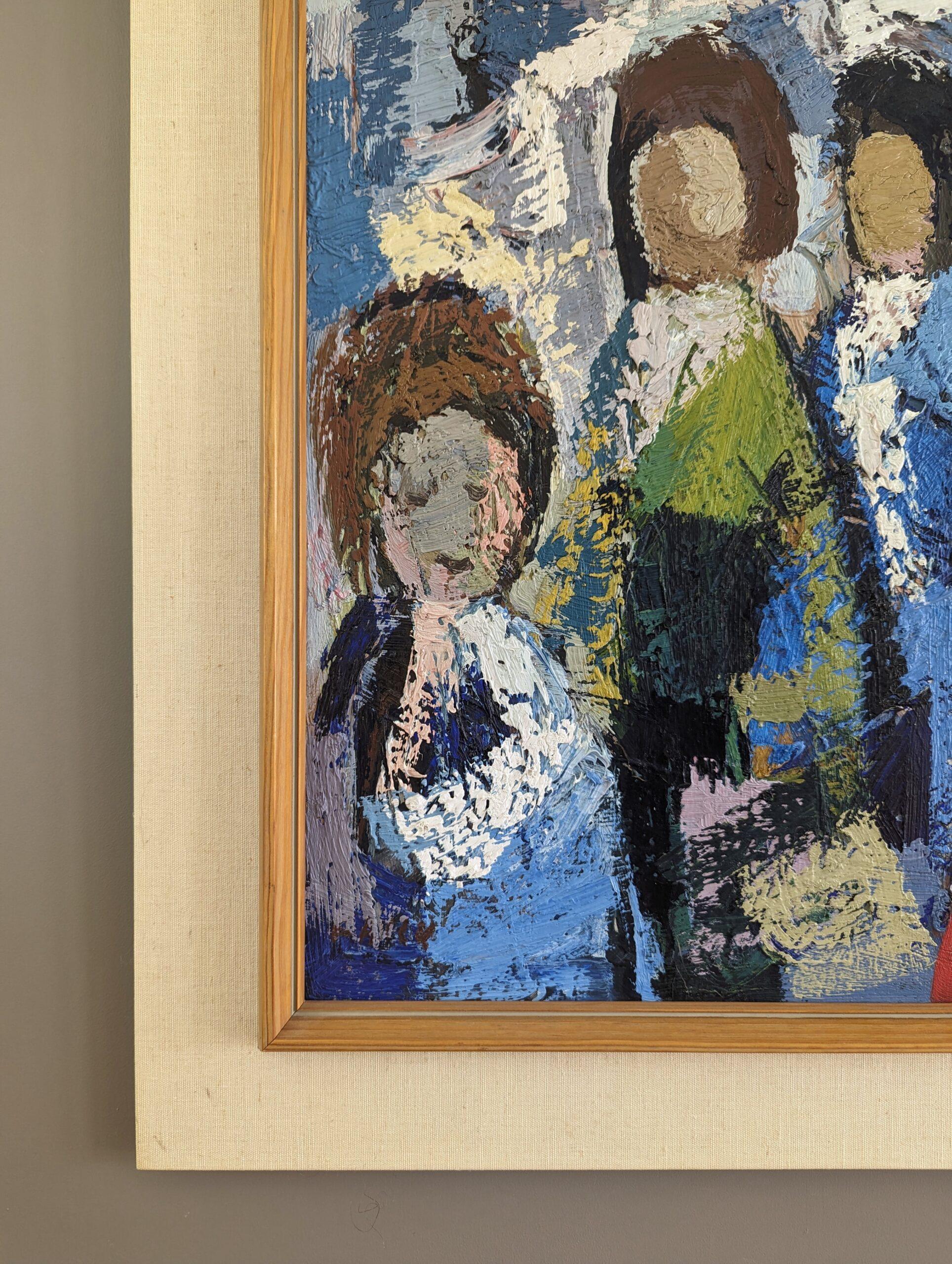 Vintage Mid-Century Abstract Figurative Oil Painting - All at Once For Sale 6