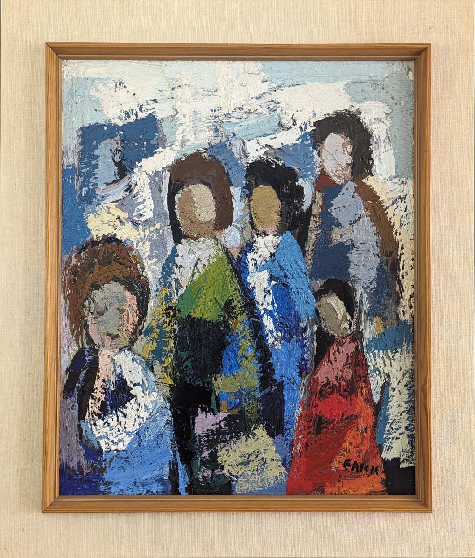Unknown Figurative Painting - Vintage Mid-Century Abstract Figurative Oil Painting - All at Once