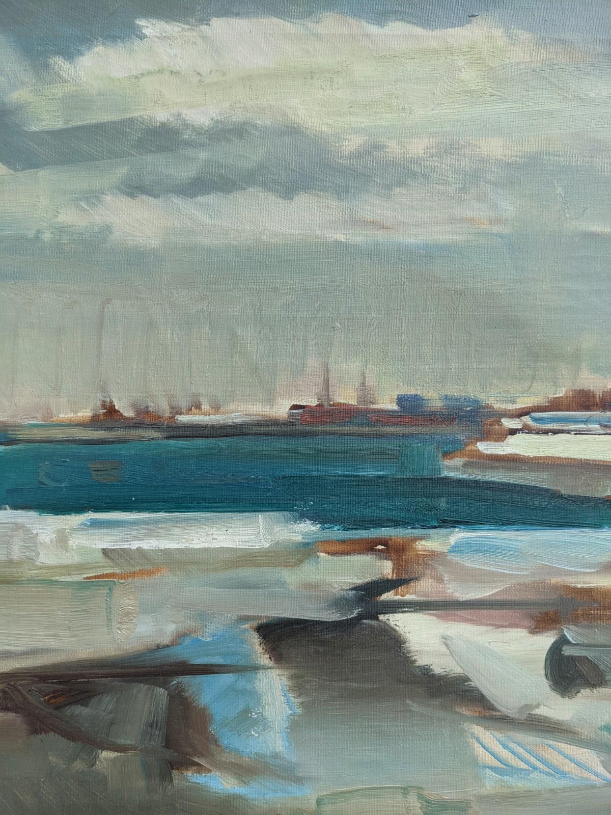 COAST IN BLUE
Size: 57 x 62cm (including frame)
Oil on canvas

A spirited mid century semi abstract oil, painted onto canvas.

Using a restrained palette, the artist has captured the ever changing nature of the coastal landscape and sky – broad,