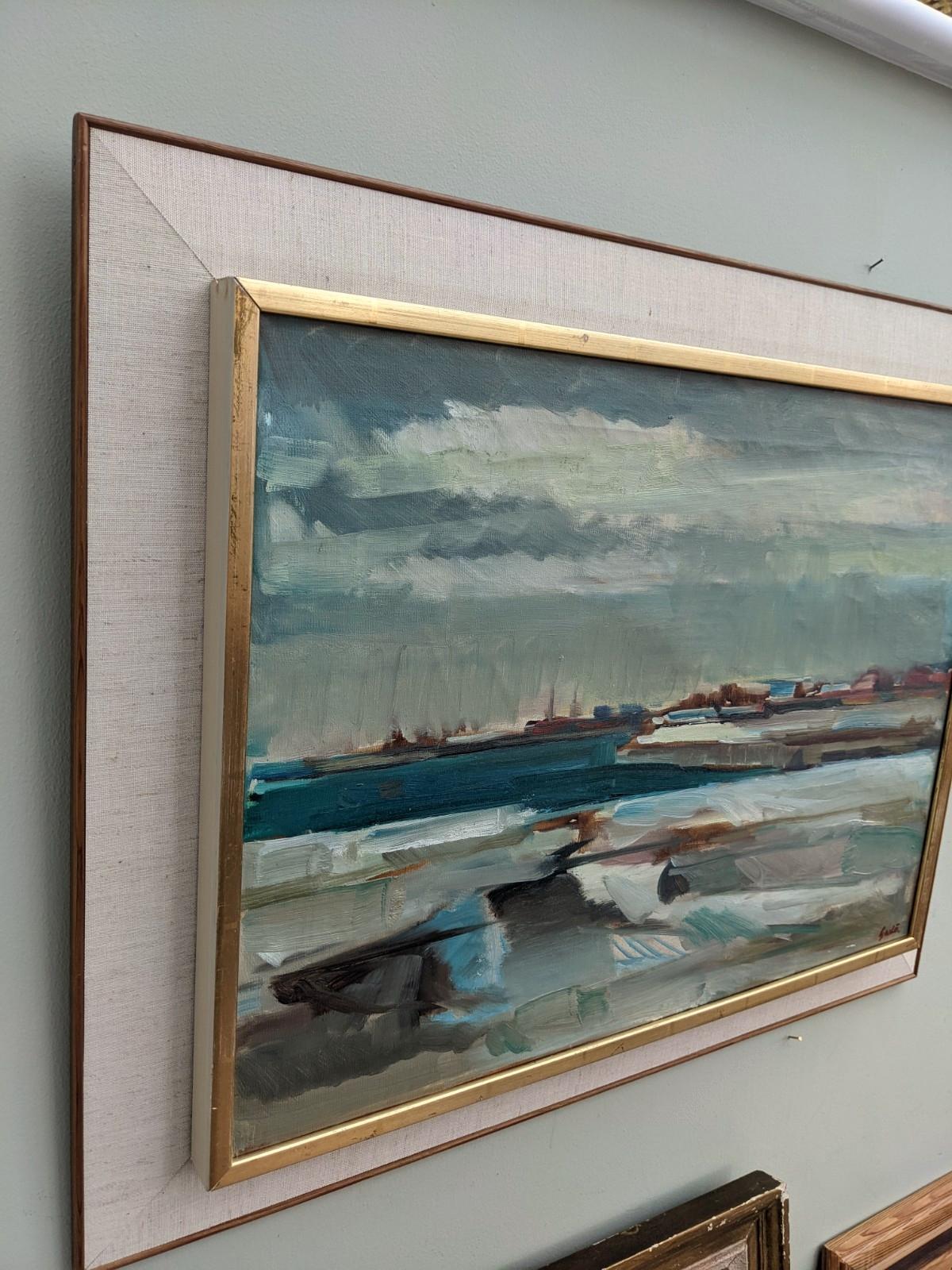Vintage Mid-Century Abstract Framed Oil Painting - Coast in Blue 2