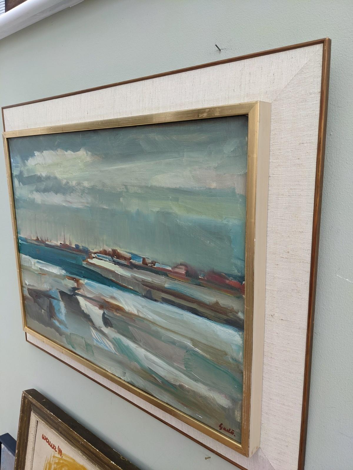 Vintage Mid-Century Abstract Framed Oil Painting - Coast in Blue 3