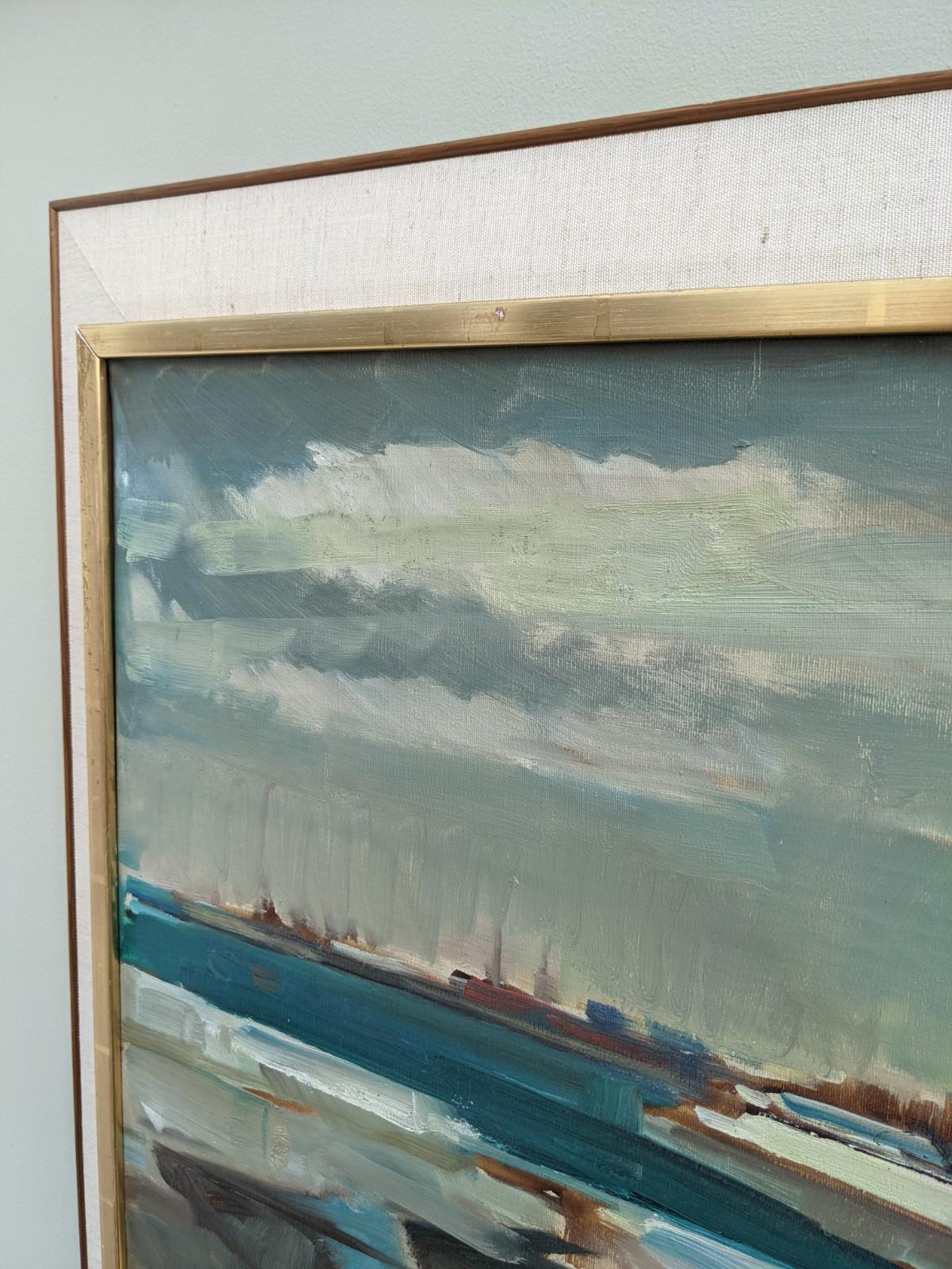 Vintage Mid-Century Abstract Framed Oil Painting - Coast in Blue 5