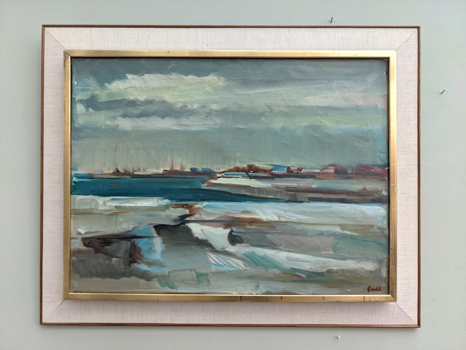 Vintage Mid-Century Abstract Framed Oil Painting - Coast in Blue