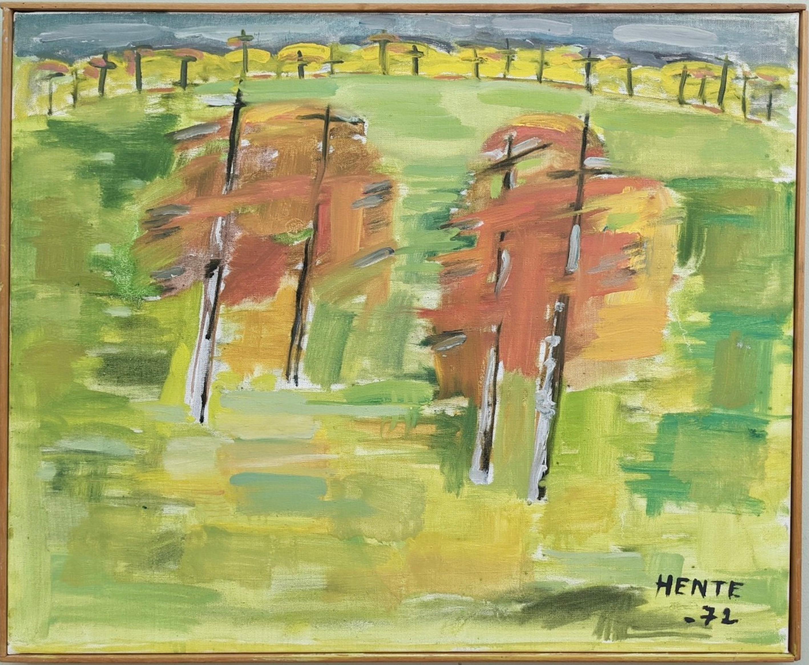 Unknown Landscape Painting - Vintage Mid-Century Abstract Landscape Framed Oil Painting - Autumn Trees