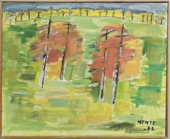 Vintage Mid-Century Abstract Landscape Framed Oil Painting - Autumn Trees