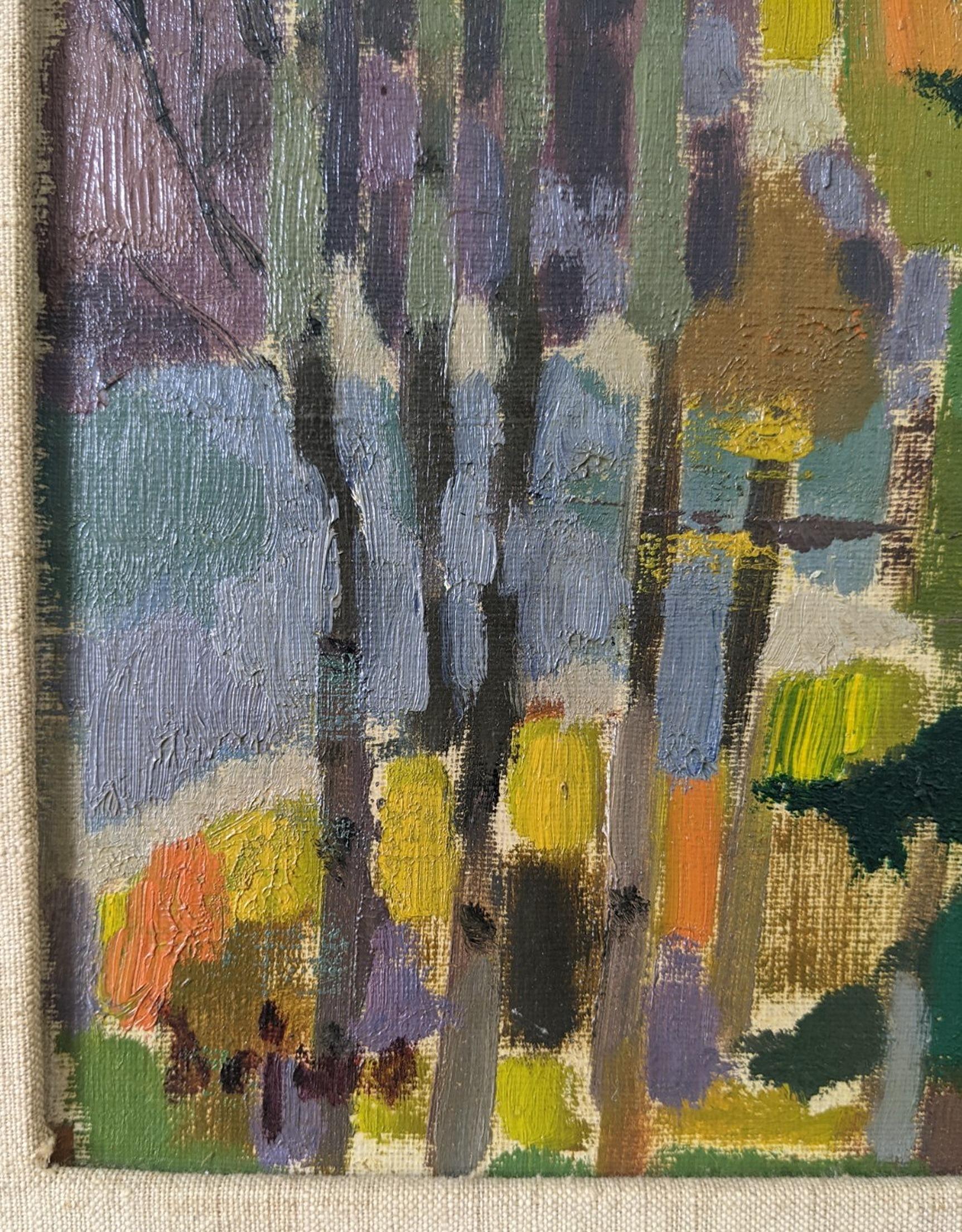 Abstraktes Landschaftsgemälde, gerahmt, Ölgemälde, Mid-Century, Bäume in Farbe 7