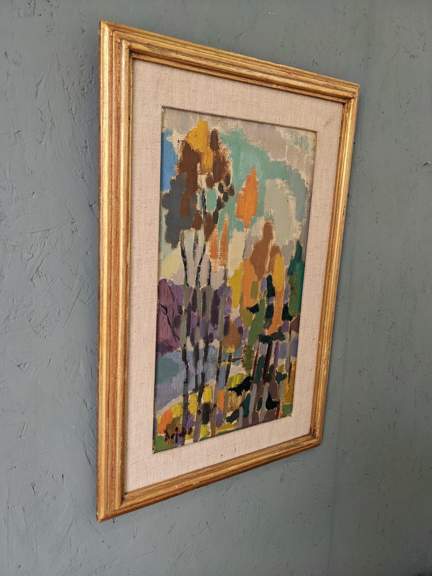 BÄUME IN FARBE
Öl auf Karton
Größe: 49 x 33 cm (einschließlich Rahmen)


Eine lebendige und brillant ausgeführte modernistische abstrakte Landschaftskomposition, gemalt in Öl auf Karton.

Eine Gruppe hoher Bäume mit schlanken und länglichen Stämmen