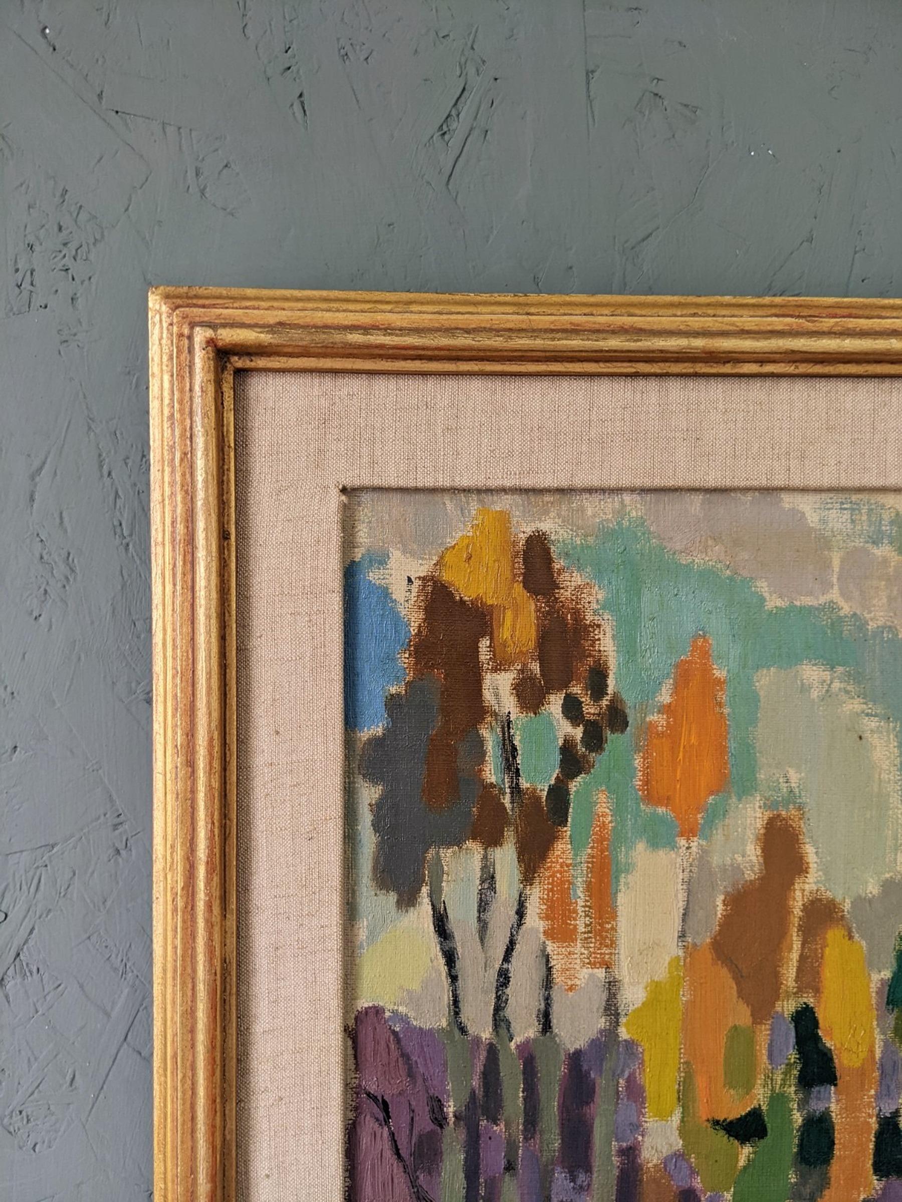 Abstraktes Landschaftsgemälde, gerahmt, Ölgemälde, Mid-Century, Bäume in Farbe 1