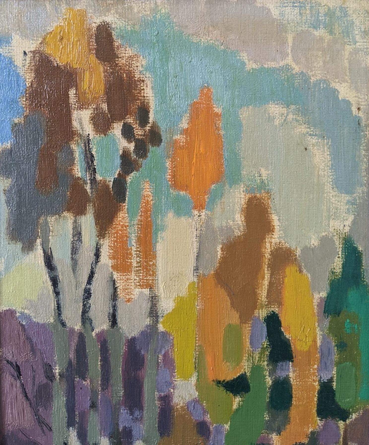 Abstraktes Landschaftsgemälde, gerahmt, Ölgemälde, Mid-Century, Bäume in Farbe 3