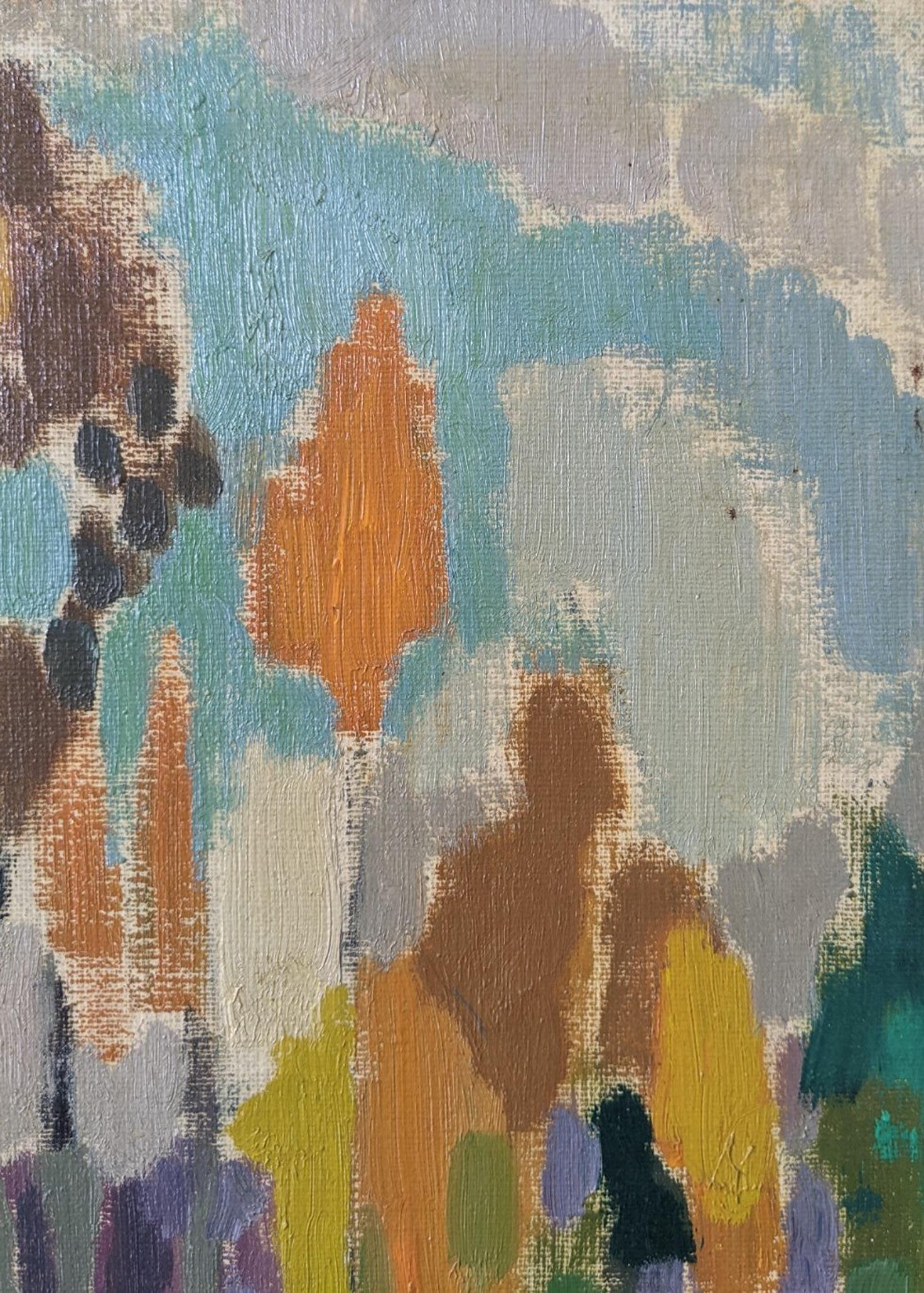 Abstraktes Landschaftsgemälde, gerahmt, Ölgemälde, Mid-Century, Bäume in Farbe 5