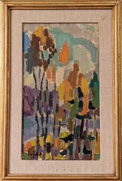 Abstraktes Landschaftsgemälde, gerahmt, Ölgemälde, Mid-Century, Bäume in Farbe
