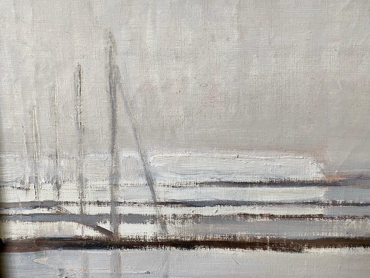 EVEN
Size: 40 x 62 cm (including frame)
Oil on canvas

A subtle and sombre mid-century abstract painting, rendered in oil.

Horizontal planes of neutral colours painted with light sweeping brushstrokes lay across the canvas so harmoniously,