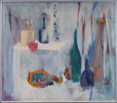 Nature morte abstraite du milieu du siècle encadrée, peinture à l'huile sur bouteille de vin