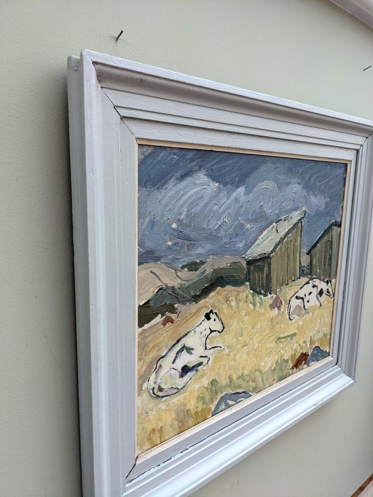 BEFORE THE RAIN
Size: 45 x 53 cm (including frame)
Oil on board

A mid century landscape motif painted in oil onto board, and framed in a very complementary light blue frame.

A pair of cows rest on the rural pasture, and behind them sit two farm