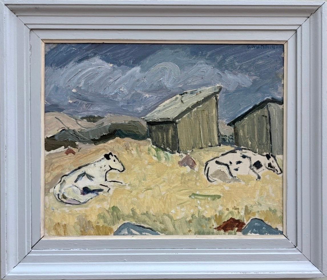 Unknown Landscape Painting - Vintage Mid-Century Animal Cow Landscape Framed Oil Painting - Before the Rain