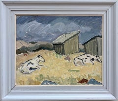 vintage animal paintings Vintage Mid-Century Animal Cow Landscape Framed Oil Painting - Before the Rain