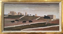 Vintage Mid-Century City Landscape Framed Oil Painting - Town on the Horizon