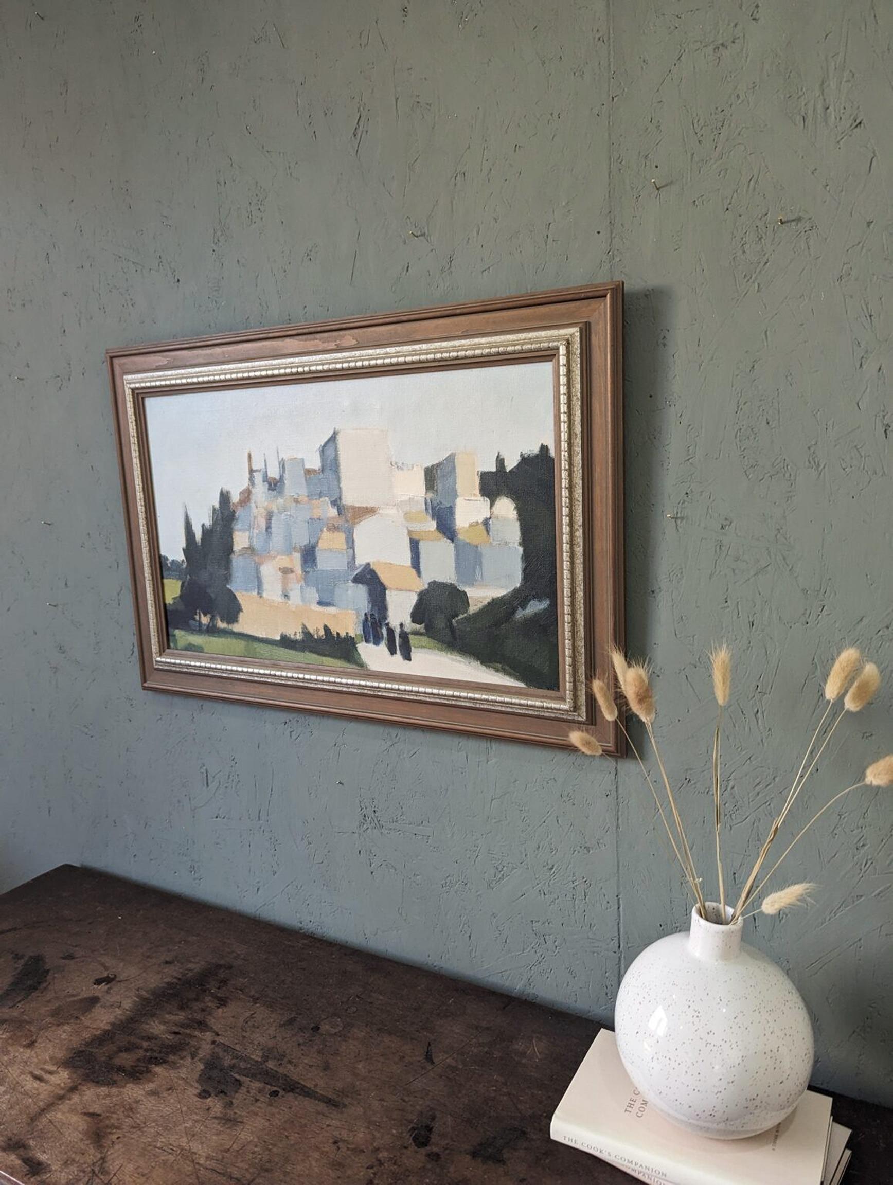 Vintage Mid-Century Cityscape Street Scene Framed Oil Painting - City Stroll For Sale 2