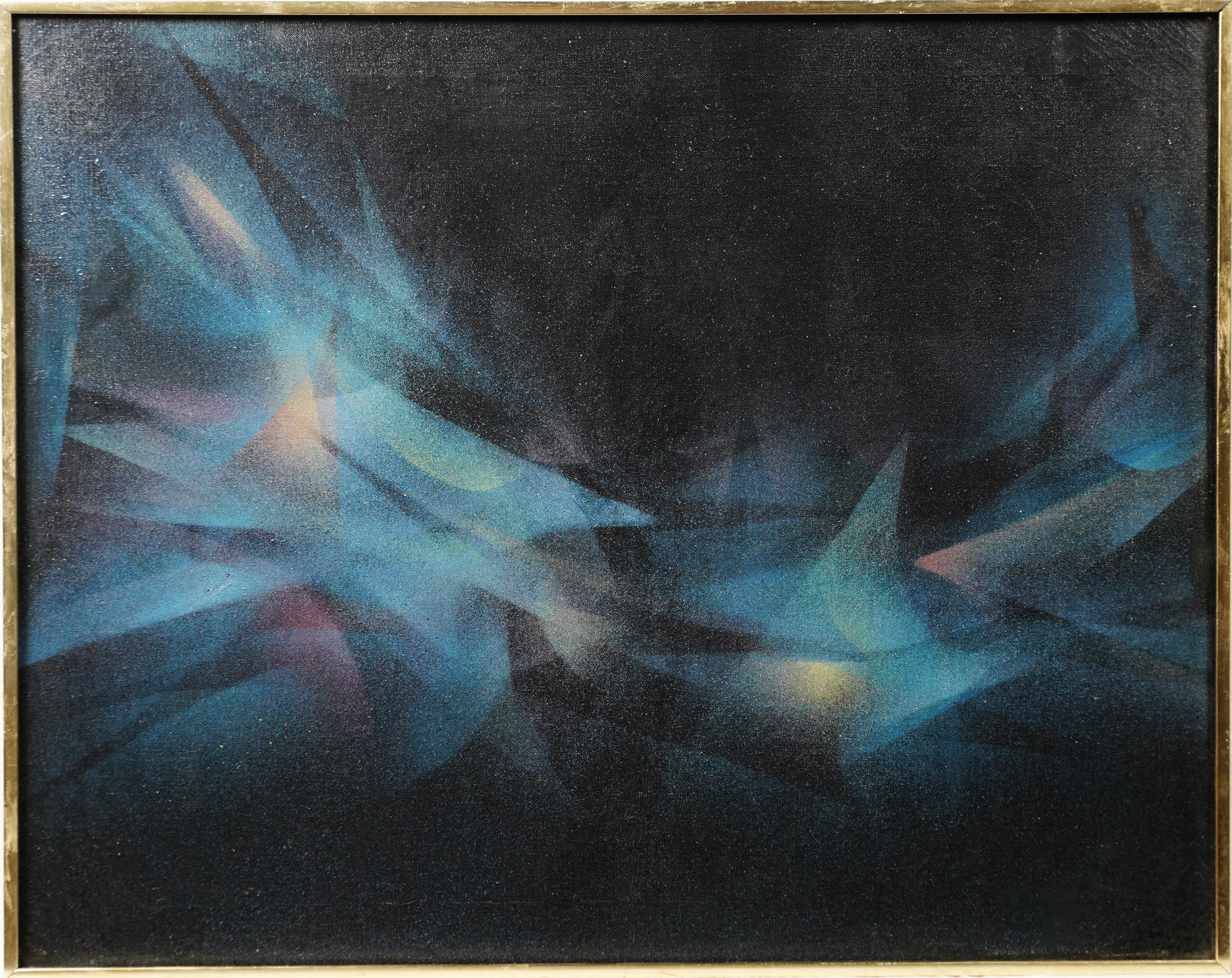 Unknown Abstract Painting – Kubistisches Nocturnal Moody Abstrakt Expressionistisches Ölgemälde aus der Mitte des Jahrhunderts