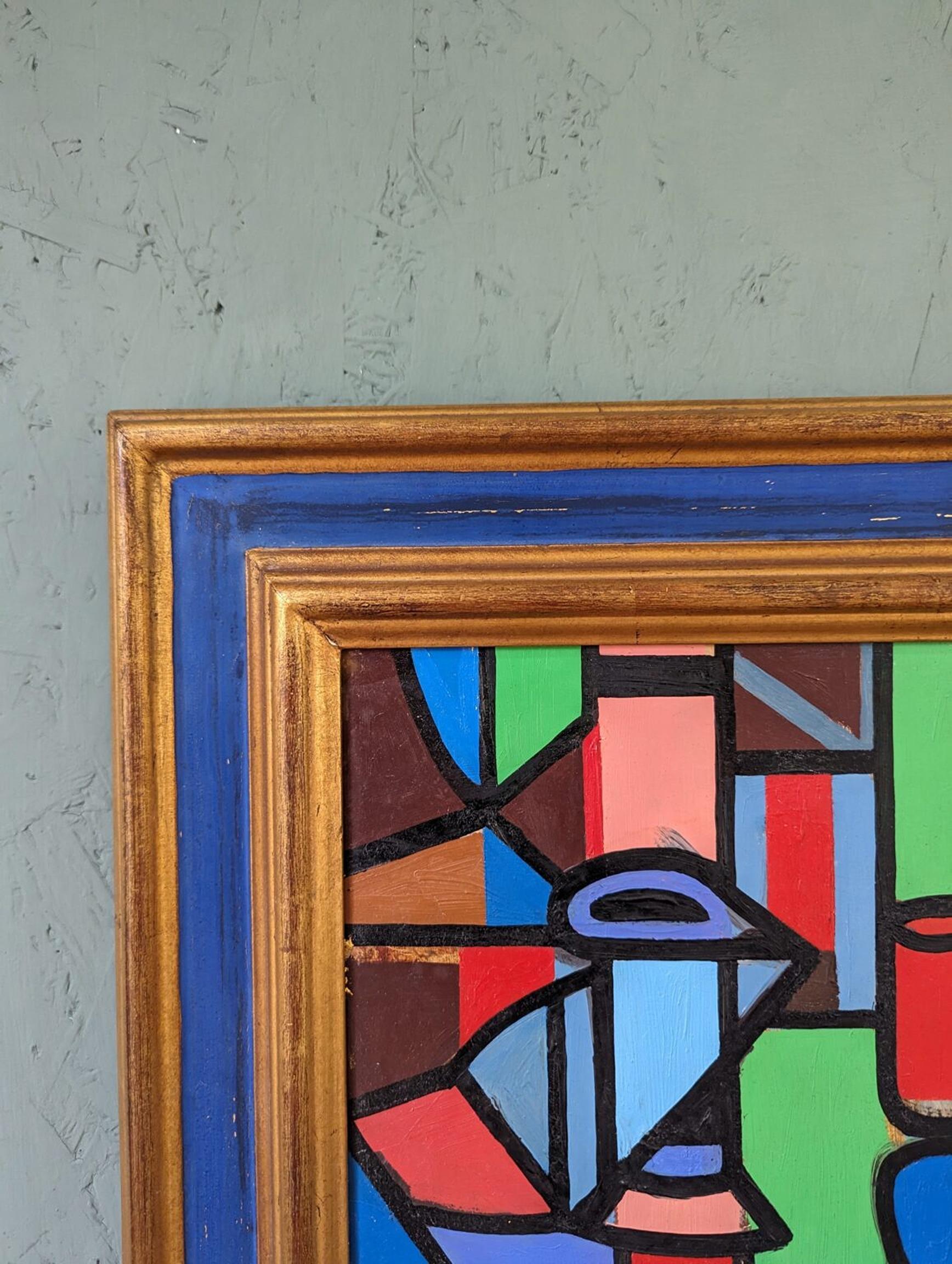Vintage Mid-Century Cubist Still Life Framed Oil Painting - Geometric Still Life For Sale 1