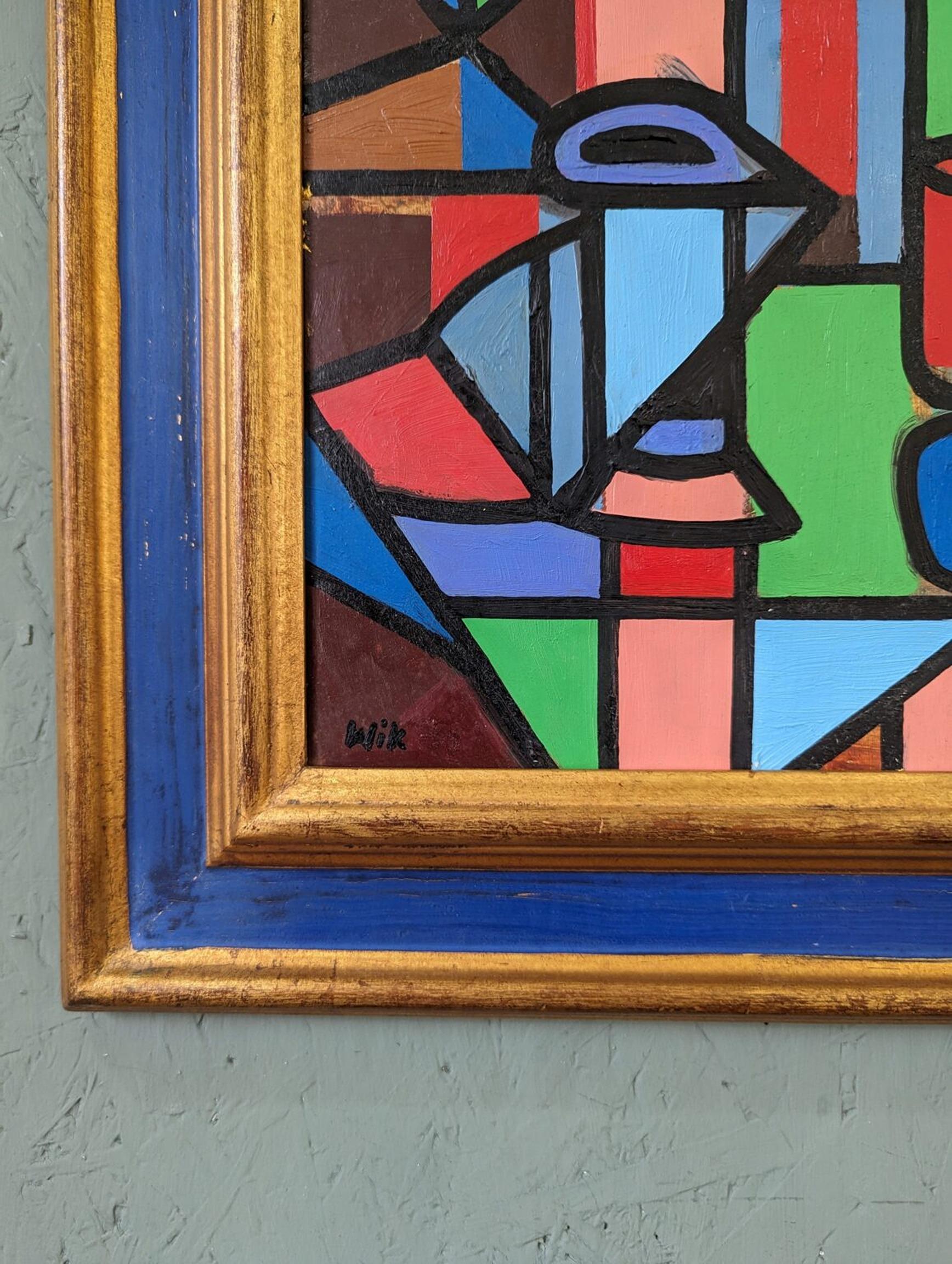 Vintage Mid-Century Cubist Still Life Framed Oil Painting - Geometric Still Life For Sale 3