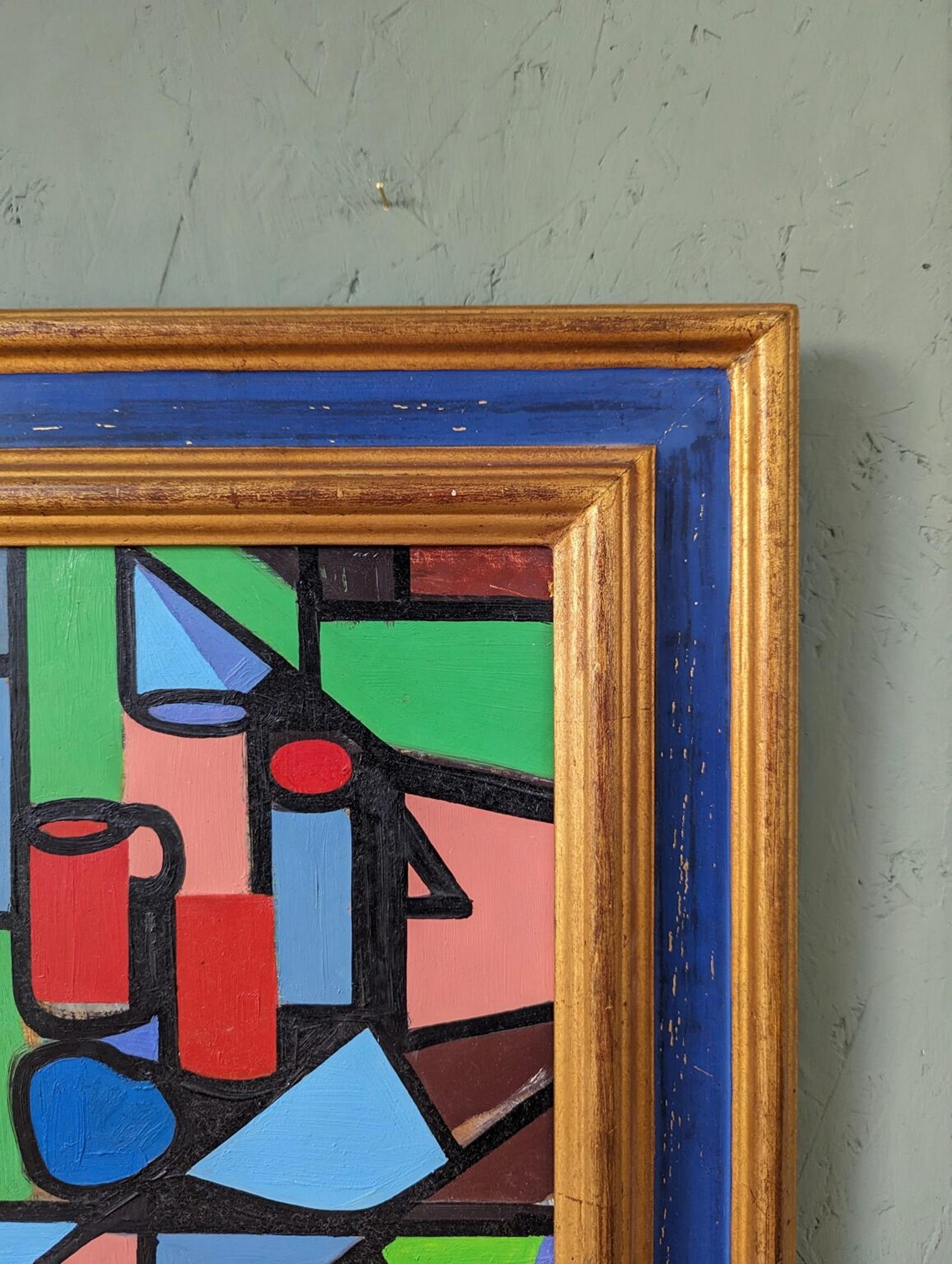 Vintage Mid-Century Cubist Still Life Framed Oil Painting - Geometric Still Life For Sale 3