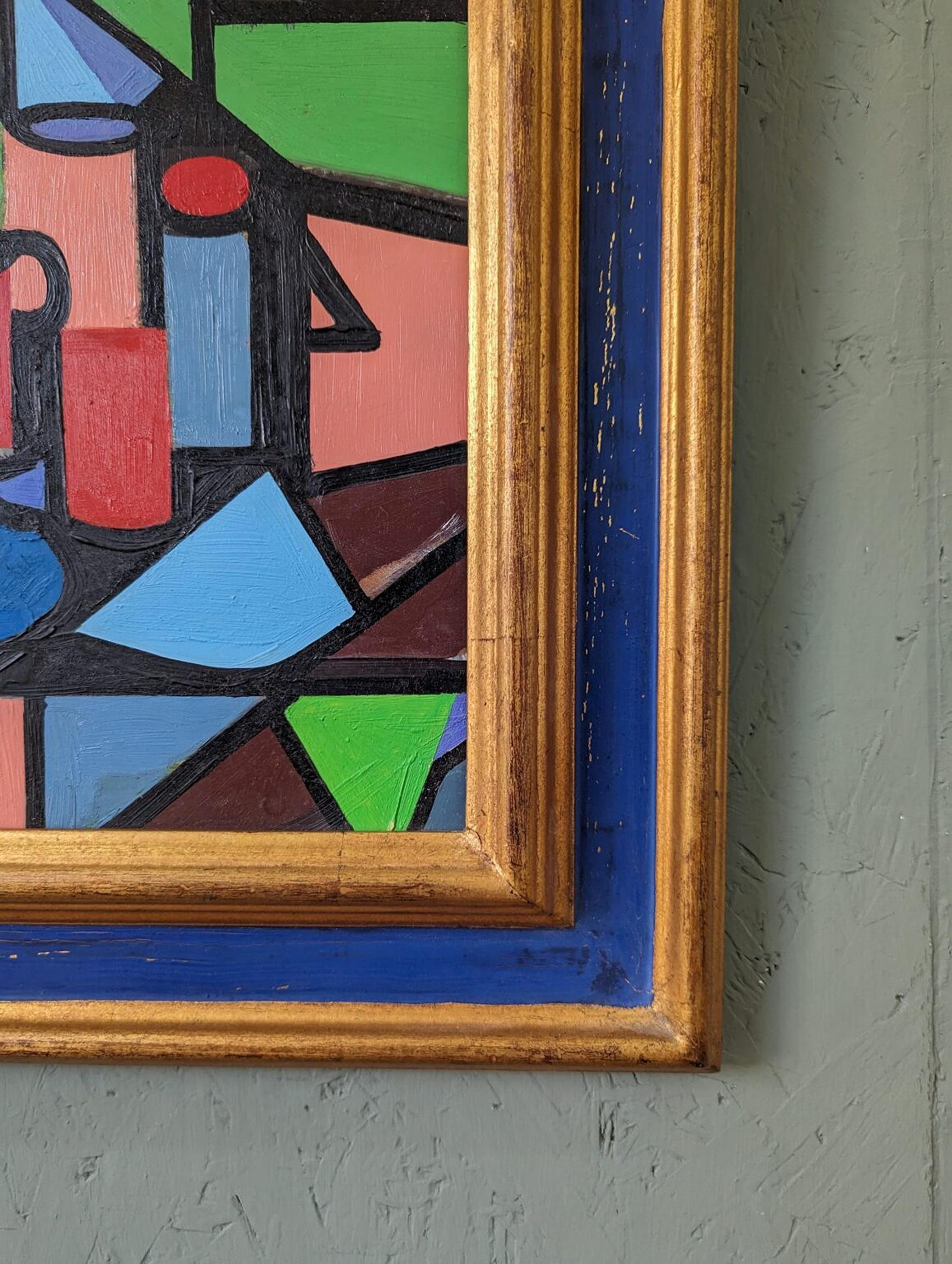 Vintage Mid-Century Cubist Still Life Framed Oil Painting - Geometric Still Life For Sale 4
