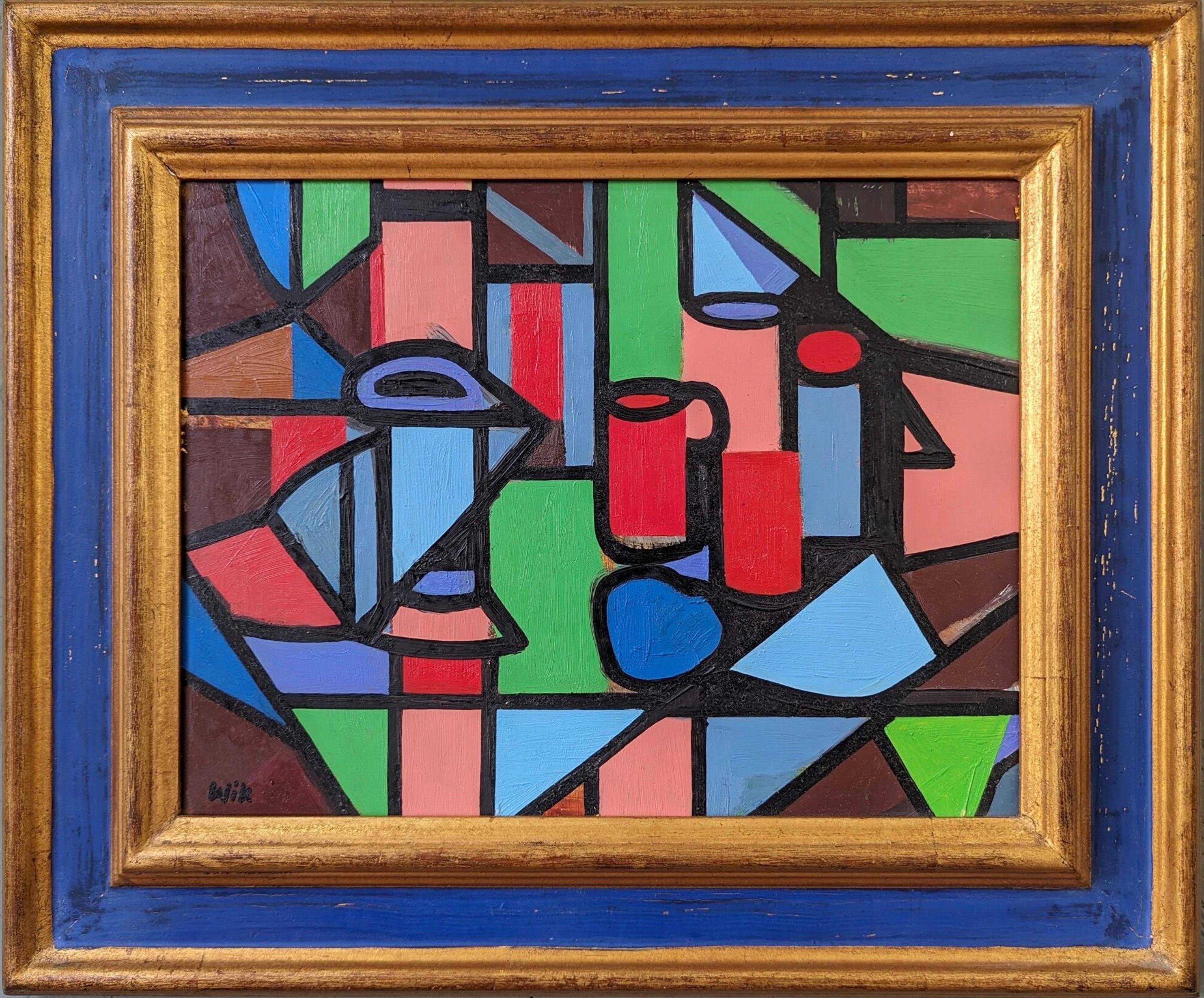 Vintage Mid-Century Cubist Still Life Framed Oil Painting - Geometric Still Life