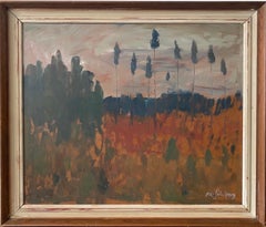 Vintage Mid-Century Expressionist Framed Landscape Oil Painting - Autumn Harvest