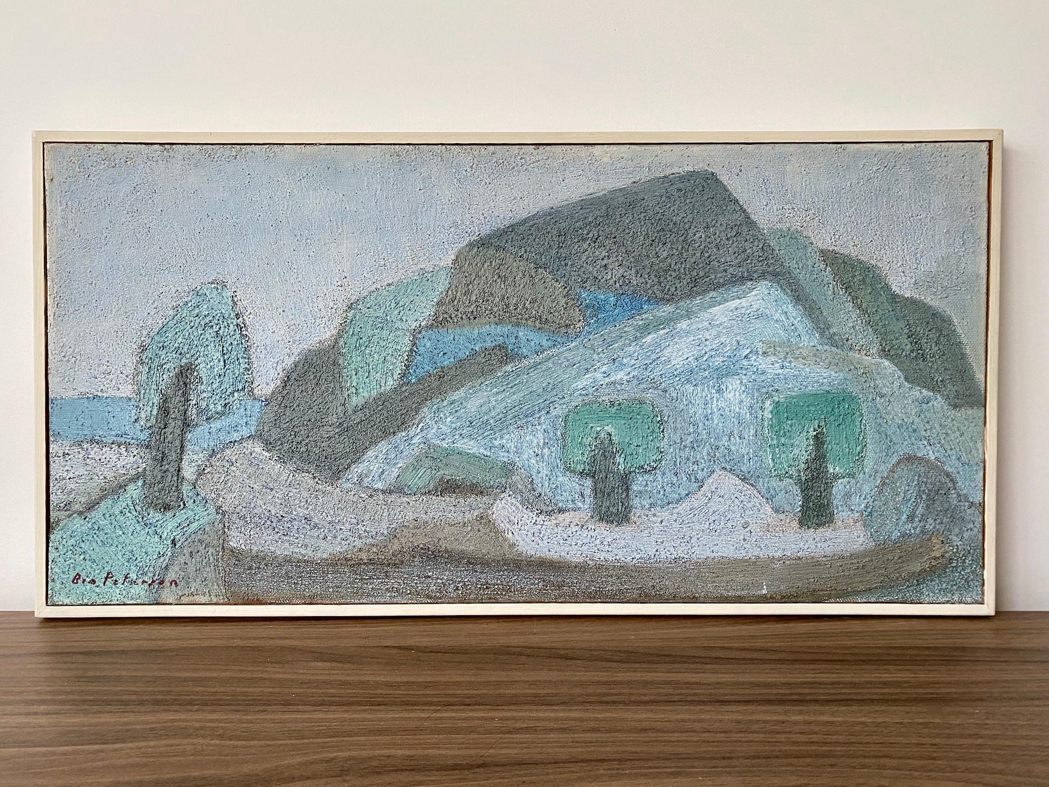 Vintage Mid-Century Expressionist Framed Oil Painting - Blue Landscape - Gray Landscape Painting by Unknown
