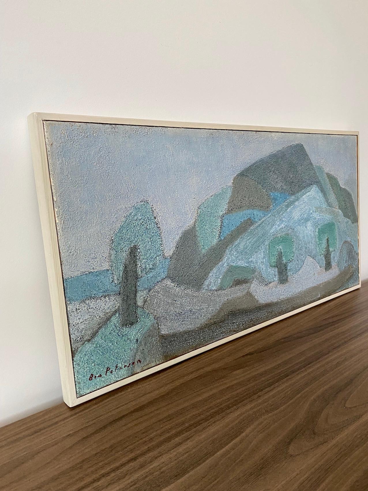 Vintage Mid-Century Expressionist Framed Oil Painting - Blue Landscape 1