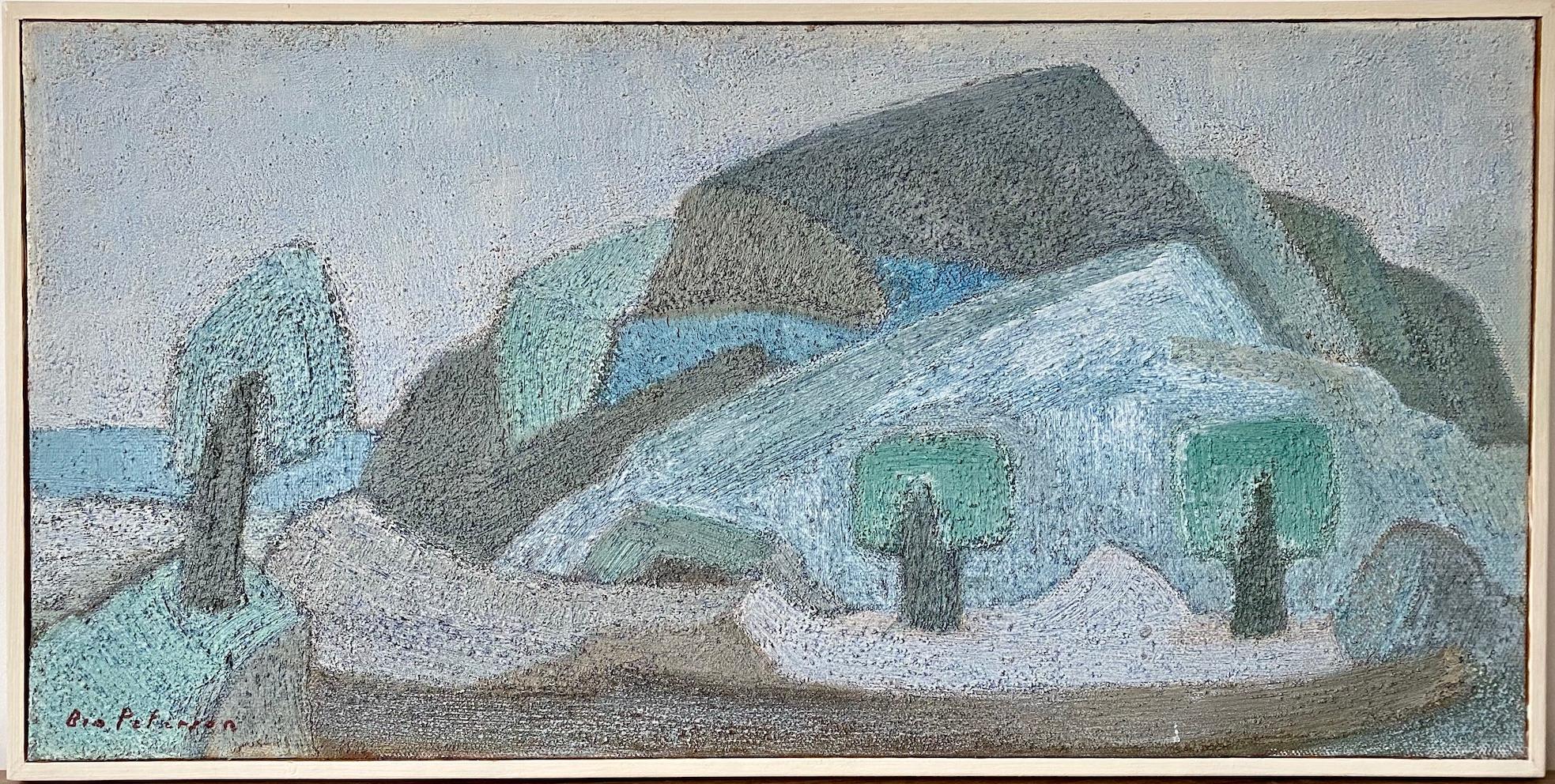 Unknown Landscape Painting - Vintage Mid-Century Expressionist Framed Oil Painting - Blue Landscape