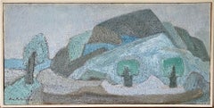Vintage Mid-Century Expressionist Framed Oil Painting - Blue Landscape
